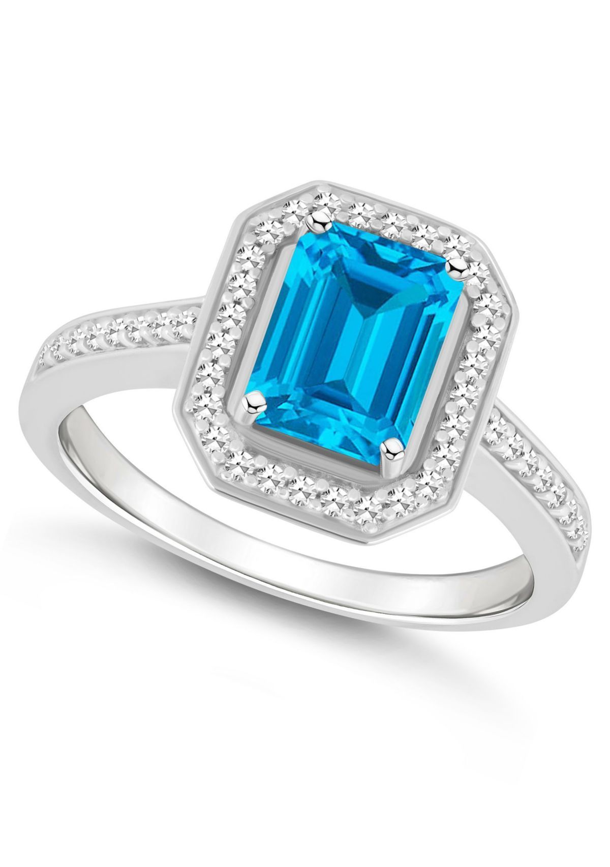 Sterling Silver 8x6mm Emerald Cut Blue Topaz 1/5 CTTW Diamond Halo Ring