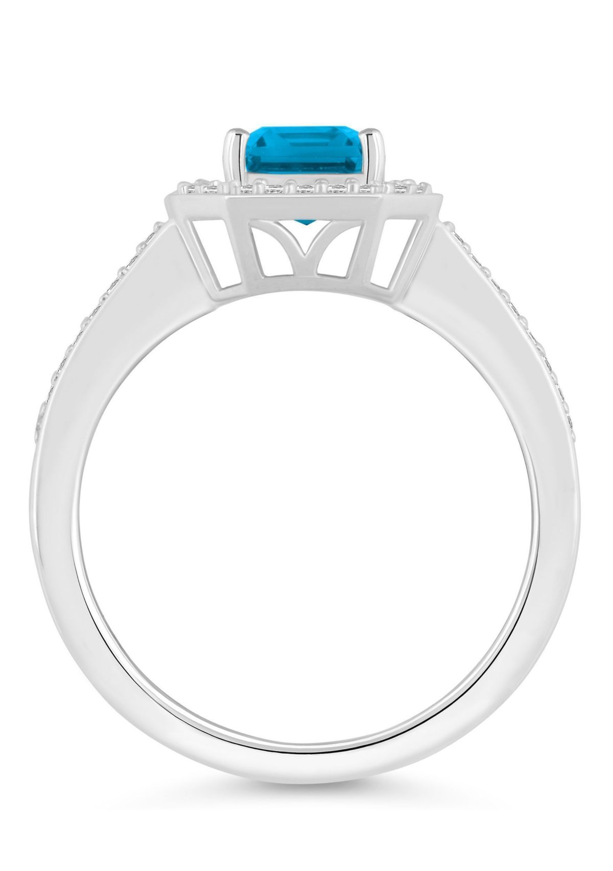 Sterling Silver 8x6mm Emerald Cut Blue Topaz 1/5 CTTW Diamond Halo Ring