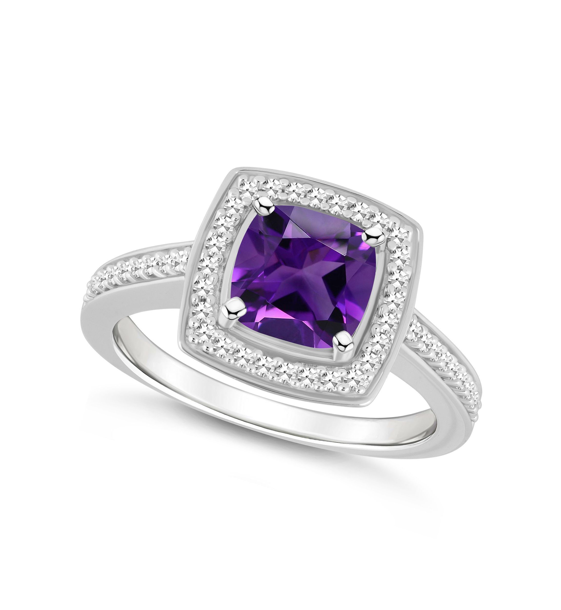 Sterling Silver 7mm Cushion Amethyst 1/4 CTTW Diamond Halo Ring