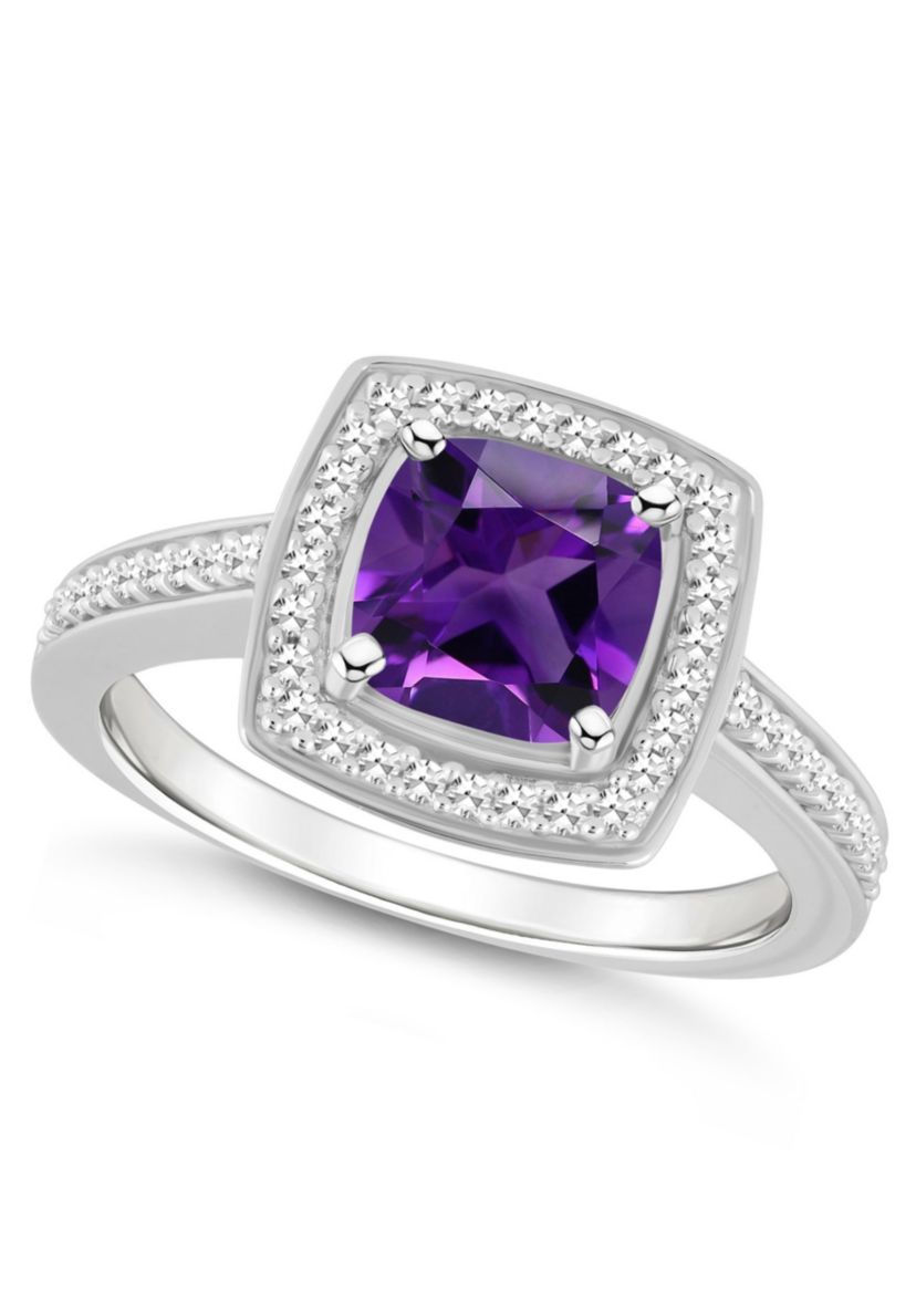Sterling Silver 7mm Cushion Amethyst 1/4 CTTW Diamond Halo Ring