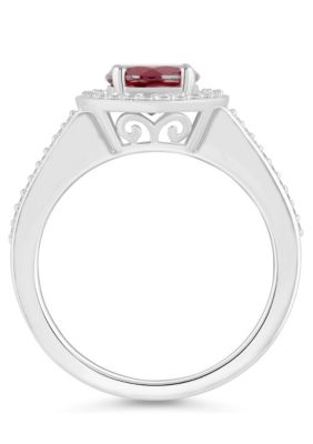 Sterling Silver 7mm Round Garnet 1/5 CTTW Diamond Halo Ring