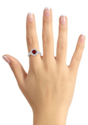 Sterling Silver 7mm Round Garnet 1/5 CTTW Diamond Halo Ring