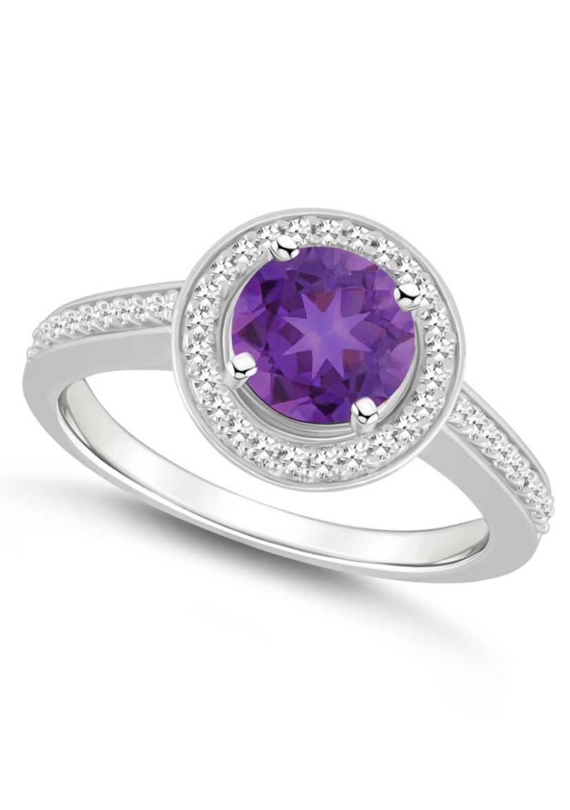 Sterling Silver 7mm Round Amethyst 1/5 CTTW Diamond Halo Ring