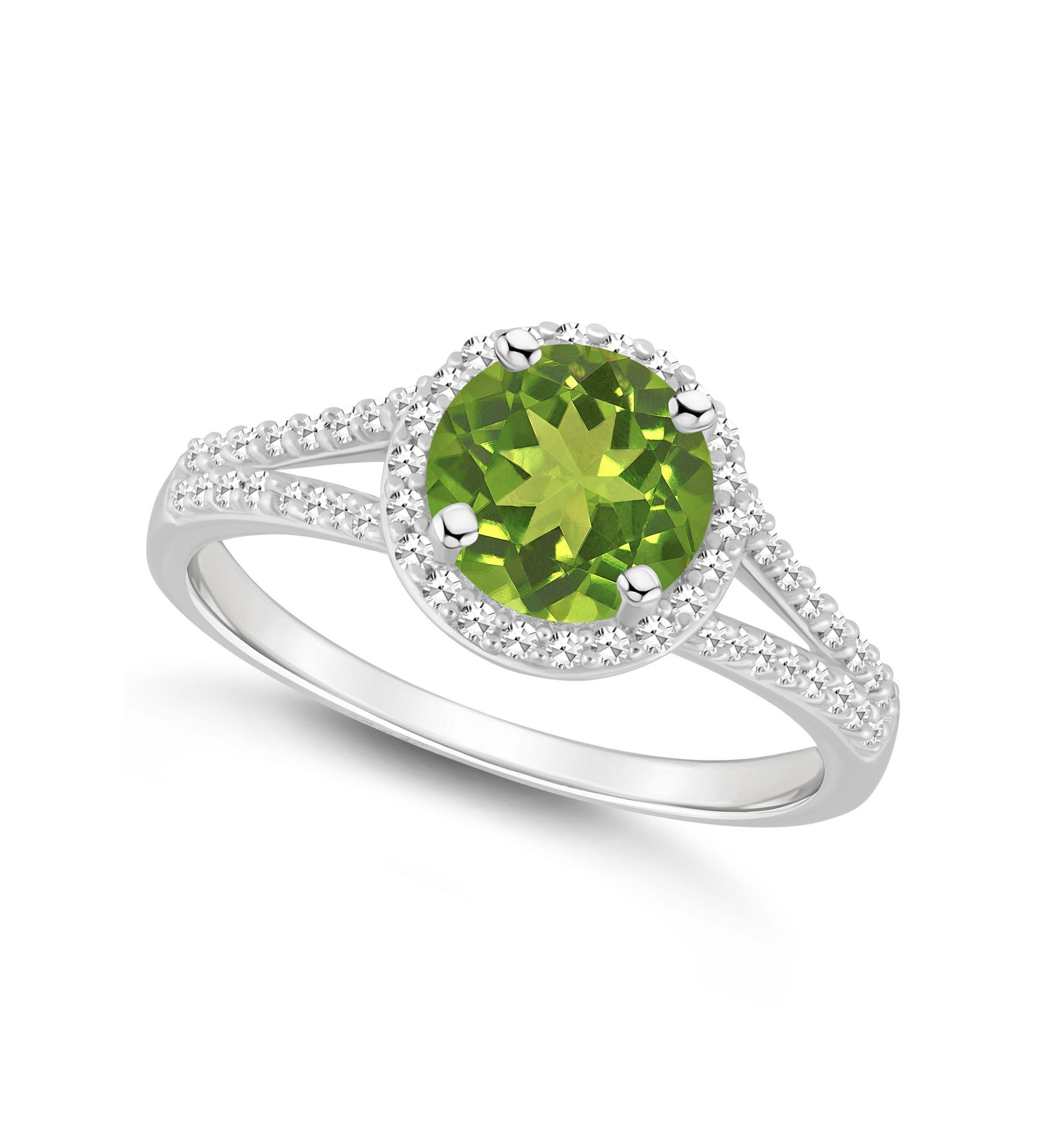 Sterling Silver 7mm Round Peridot 1/4 CTTW Diamond Halo Ring