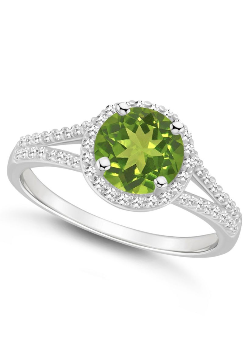 Sterling Silver 7mm Round Peridot 1/4 CTTW Diamond Halo Ring