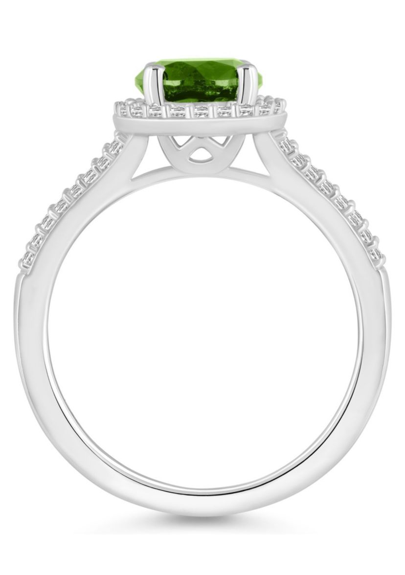 Sterling Silver 7mm Round Peridot 1/4 CTTW Diamond Halo Ring