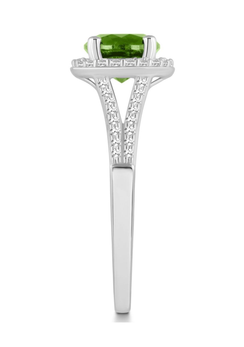 Sterling Silver 7mm Round Peridot 1/4 CTTW Diamond Halo Ring