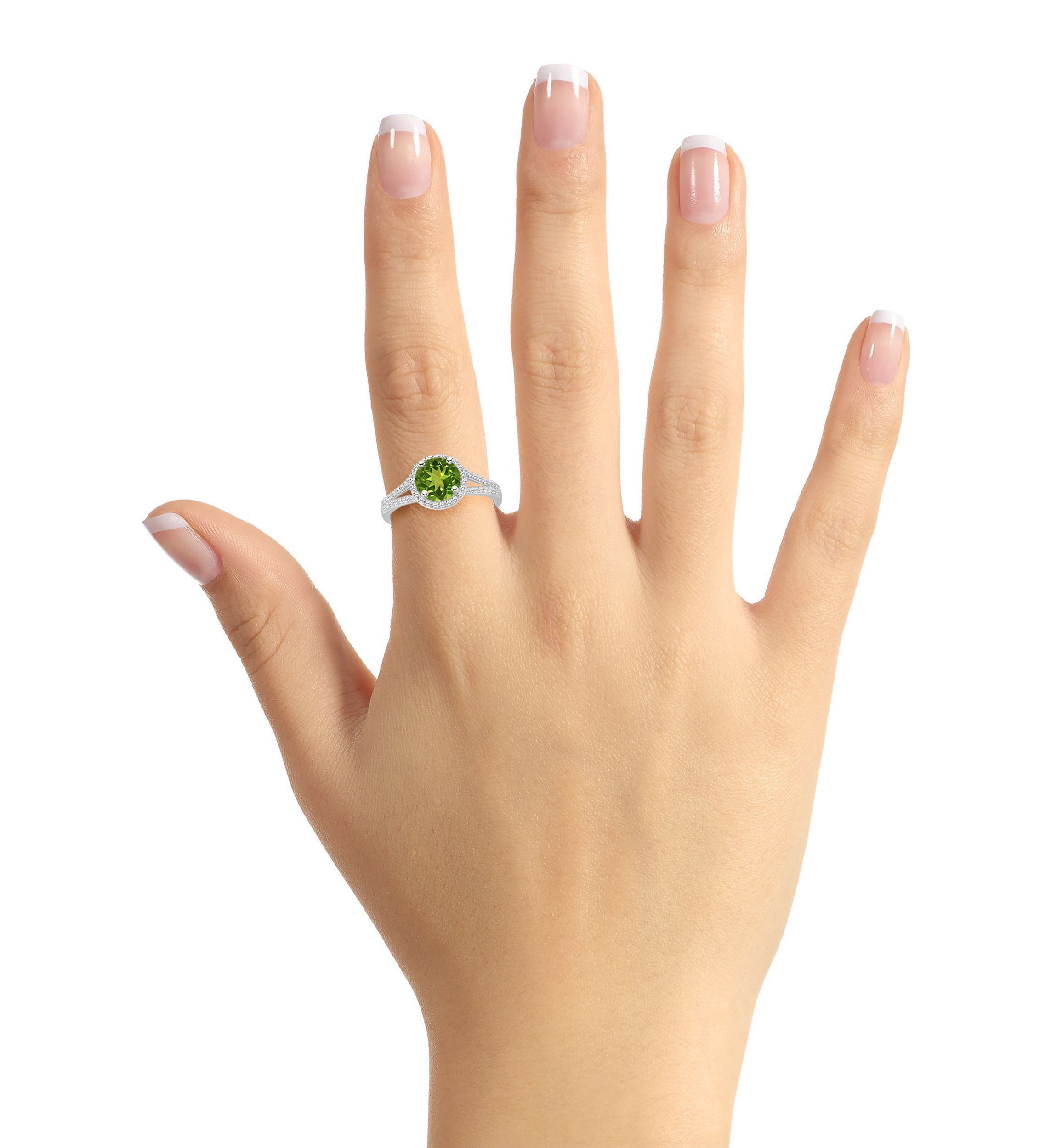 Sterling Silver 7mm Round Peridot 1/4 CTTW Diamond Halo Ring