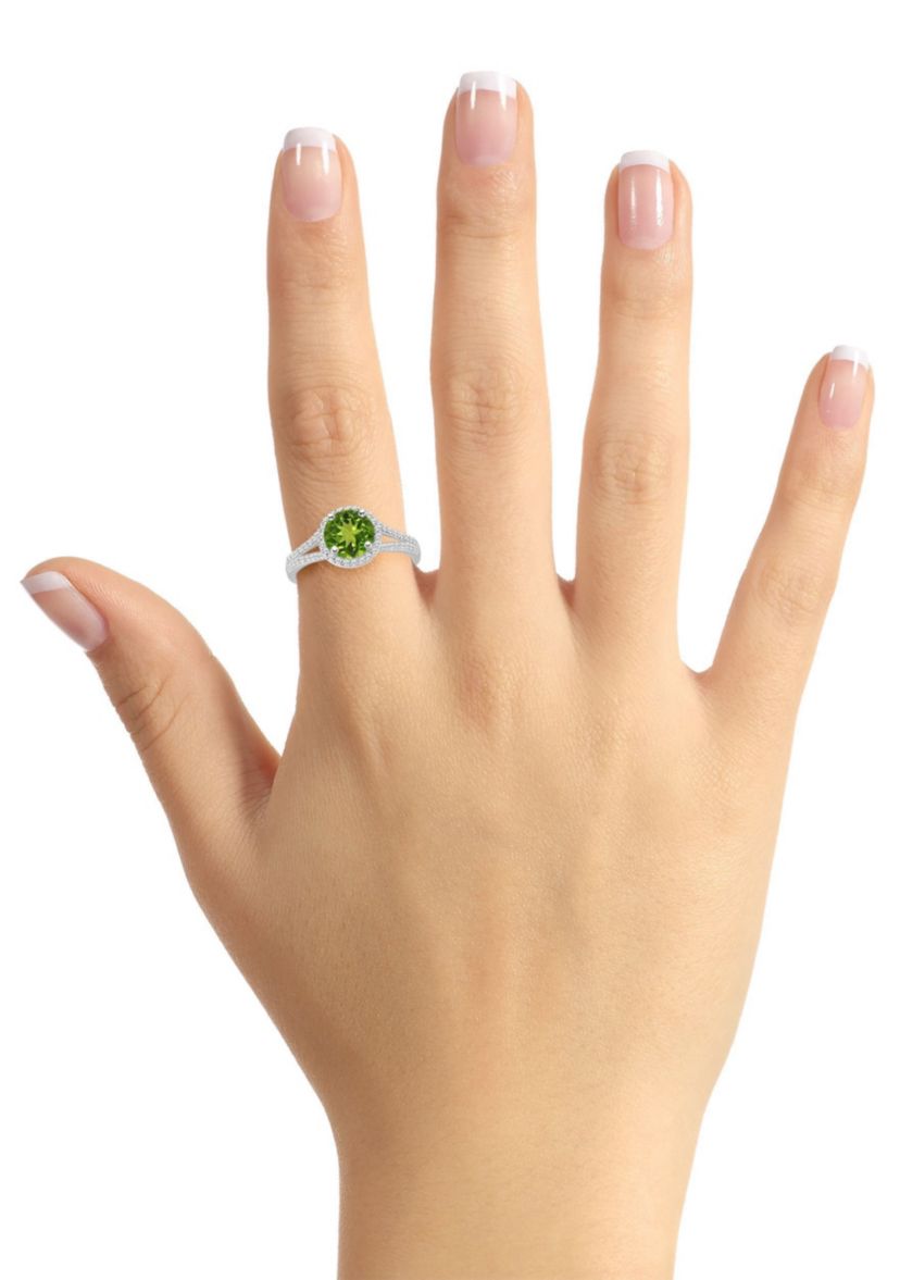 Sterling Silver 7mm Round Peridot 1/4 CTTW Diamond Halo Ring