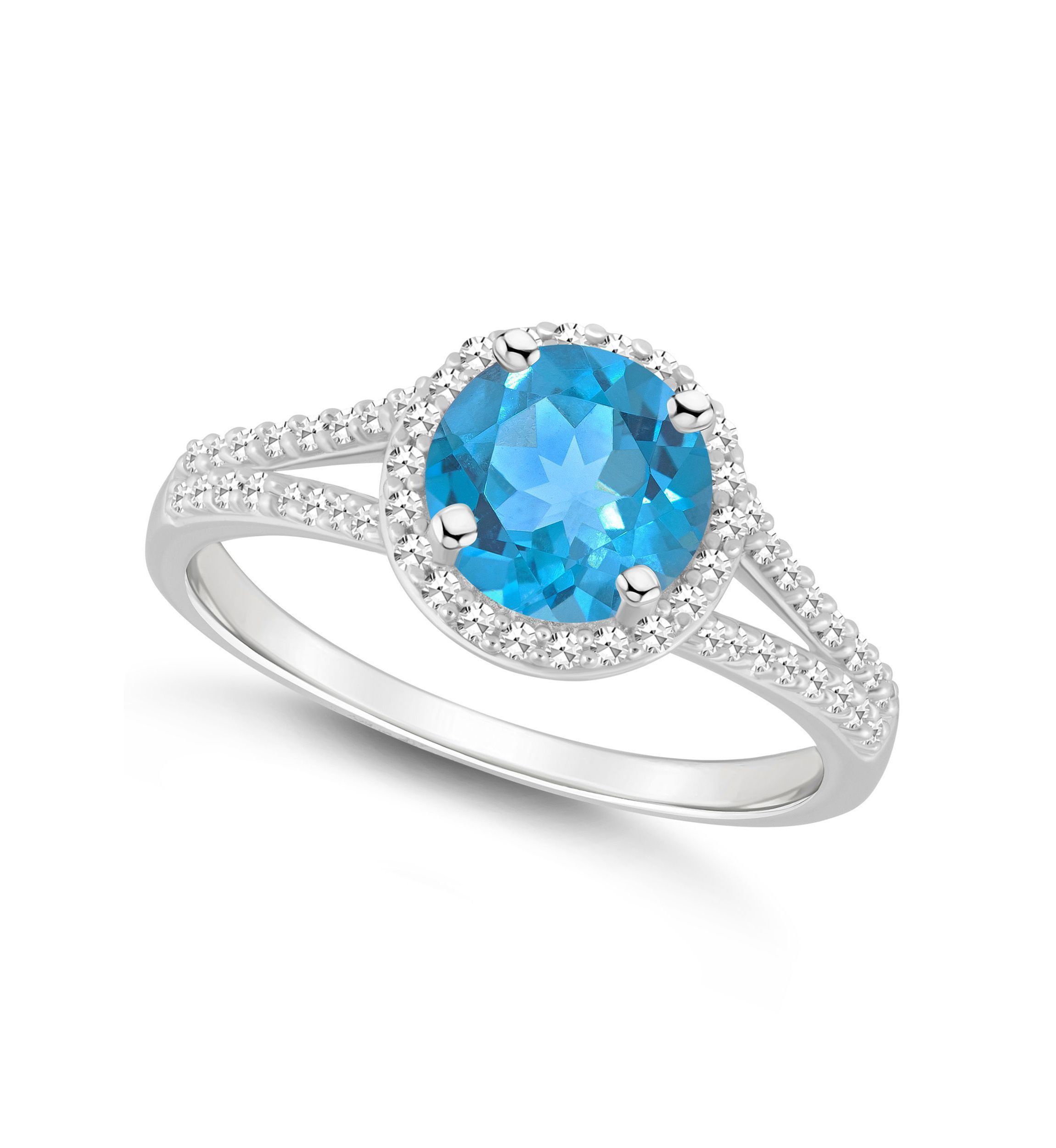 Sterling Silver 7mm Round Blue Topaz 1/4 CTTW Diamond Halo Ring
