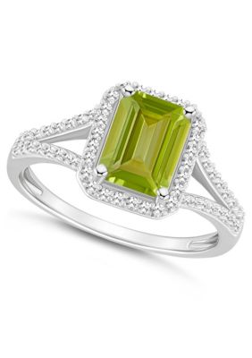 Sterling Silver 8x6mm Emerald Cut Peridot 1/4 CTTW Diamond Halo Ring