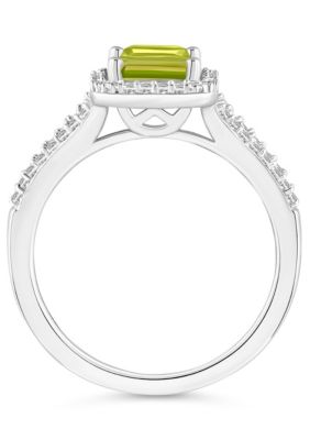 Sterling Silver 8x6mm Emerald Cut Peridot 1/4 CTTW Diamond Halo Ring