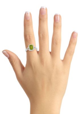 Sterling Silver 8x6mm Emerald Cut Peridot 1/4 CTTW Diamond Halo Ring