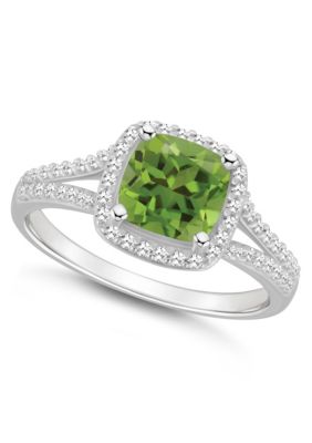 Sterling Silver 7mm Cushion Peridot 1/4 CTTW Diamond Halo Ring