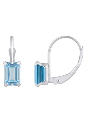 10K White Gold 6x4mm Emerald Cut Aquamarine Leverback Earrings