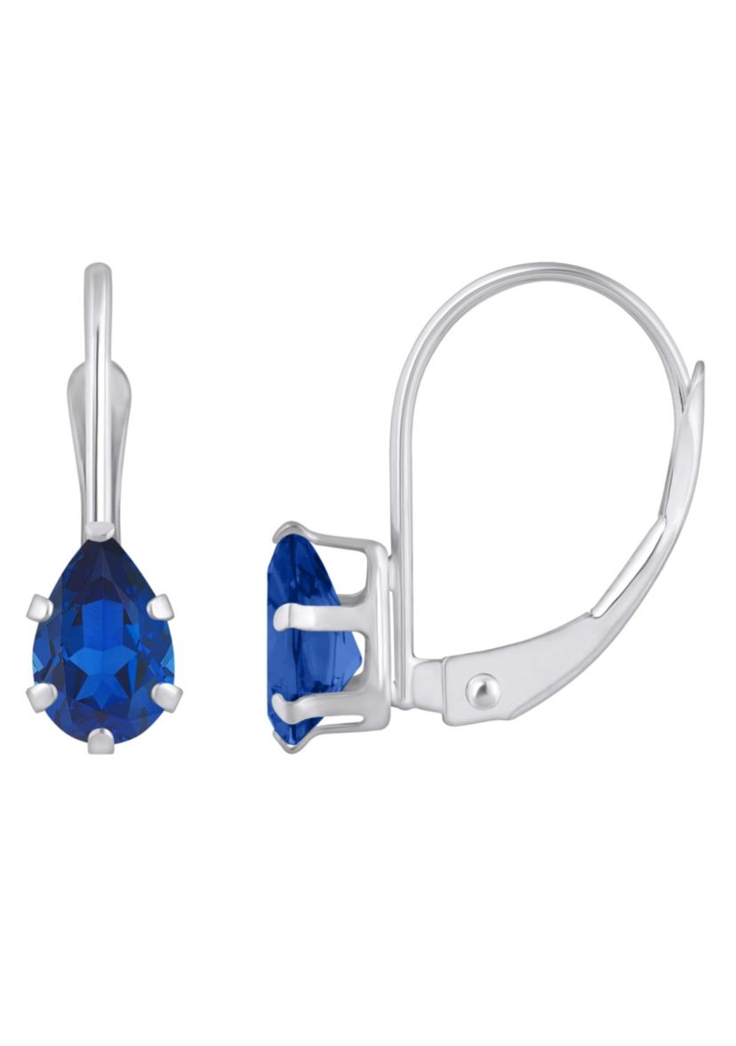Lab Created 10K White Gold 6x4mm Pear Shape Created Sapphire Leverback Earrings
