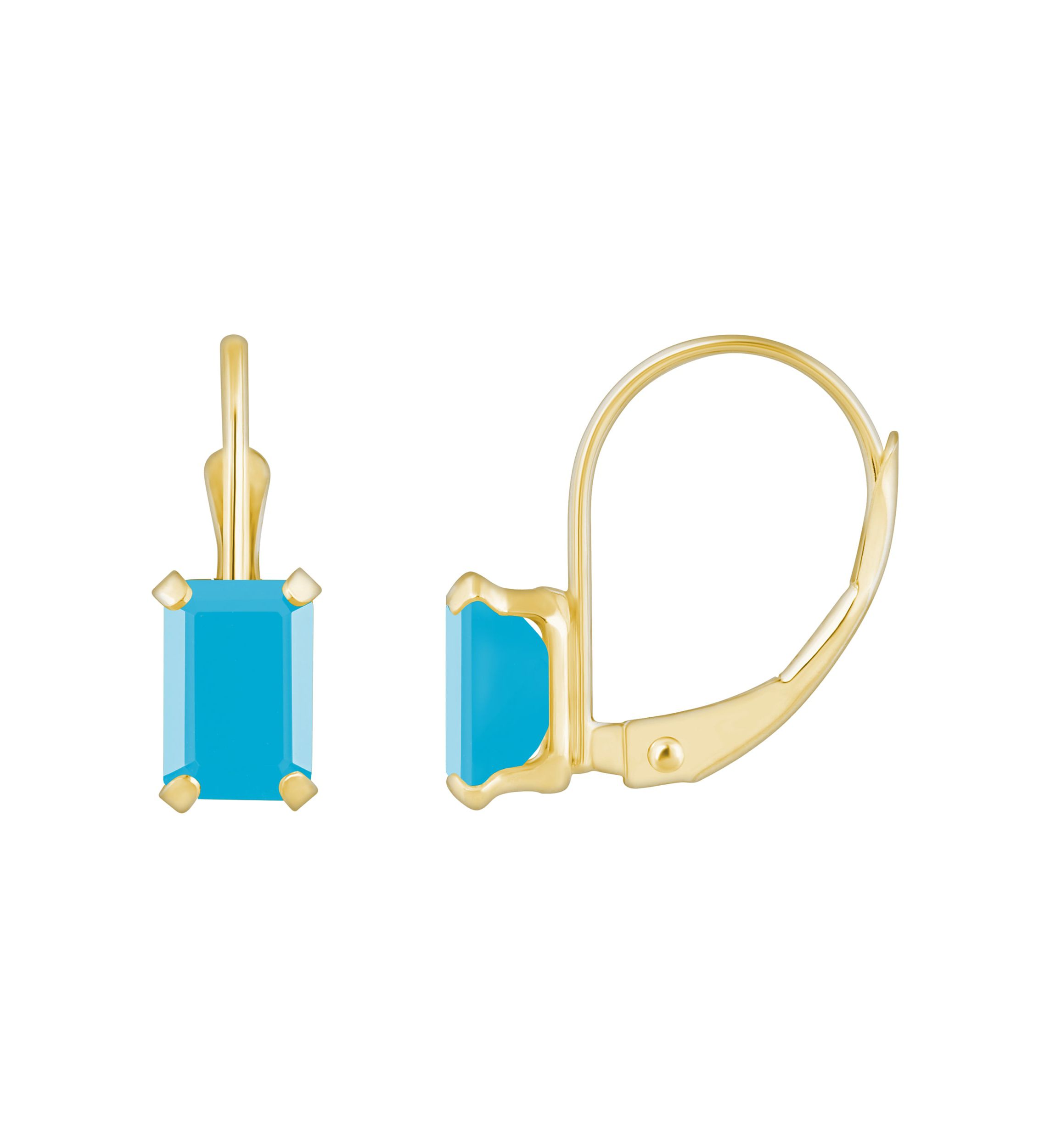 10K Yellow Gold 6x4mm Emerald Cut Turquoise Leverback Earrings