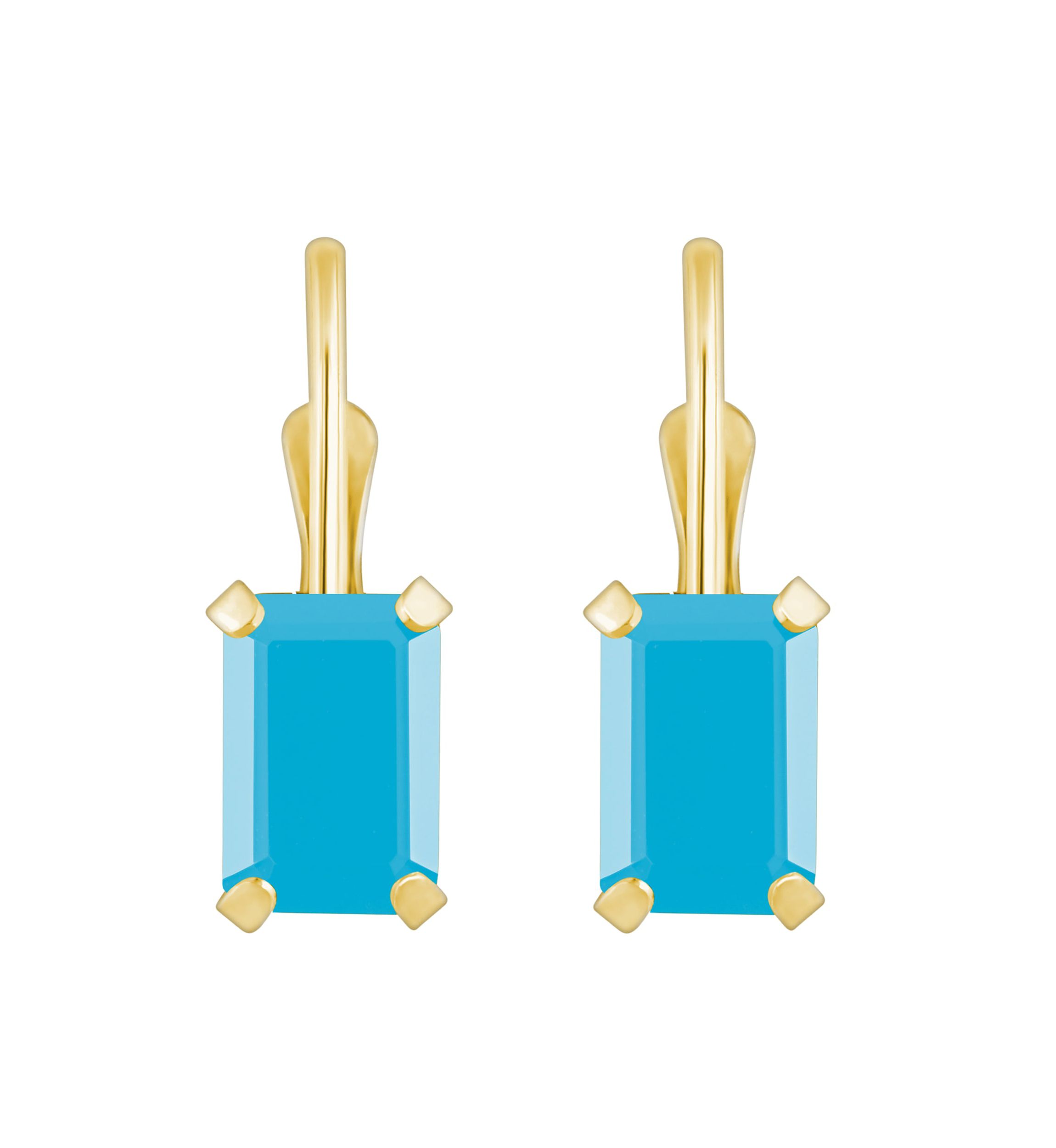 10K Yellow Gold 6x4mm Emerald Cut Turquoise Leverback Earrings