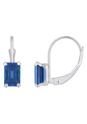 Lab Created 10K White Gold 6x4mm Emerald Cut Sapphire Leverback Earrings