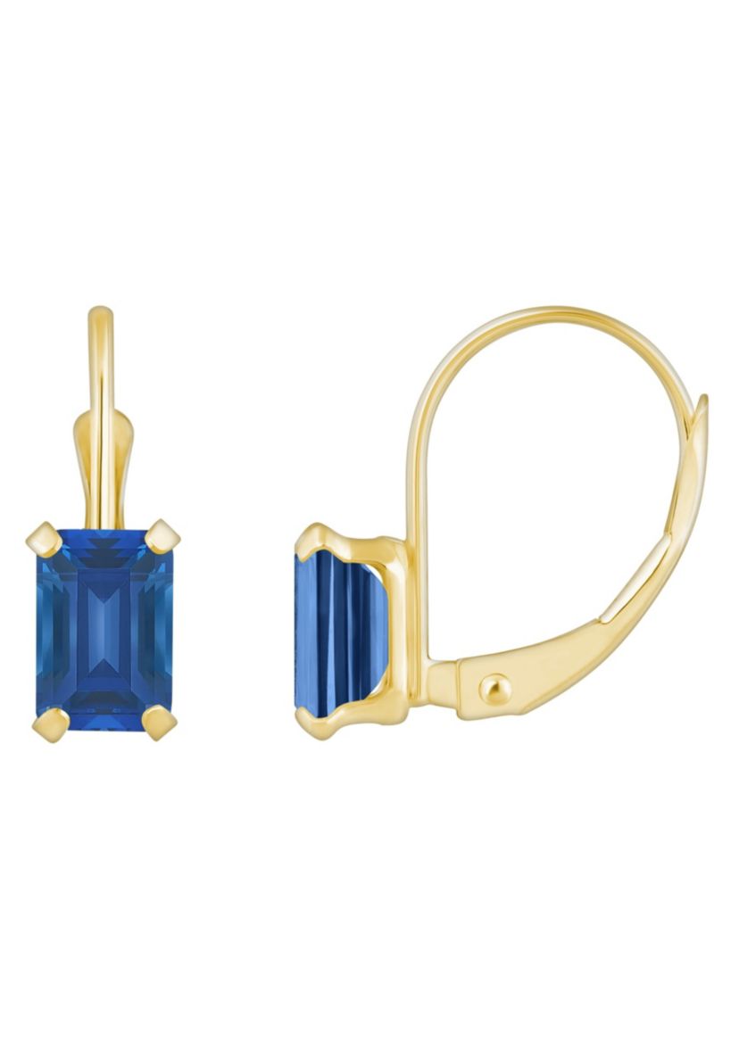 Lab Created 10K Yellow Gold 6x4mm Emerald Cut Created Sapphire Leverback Earrings