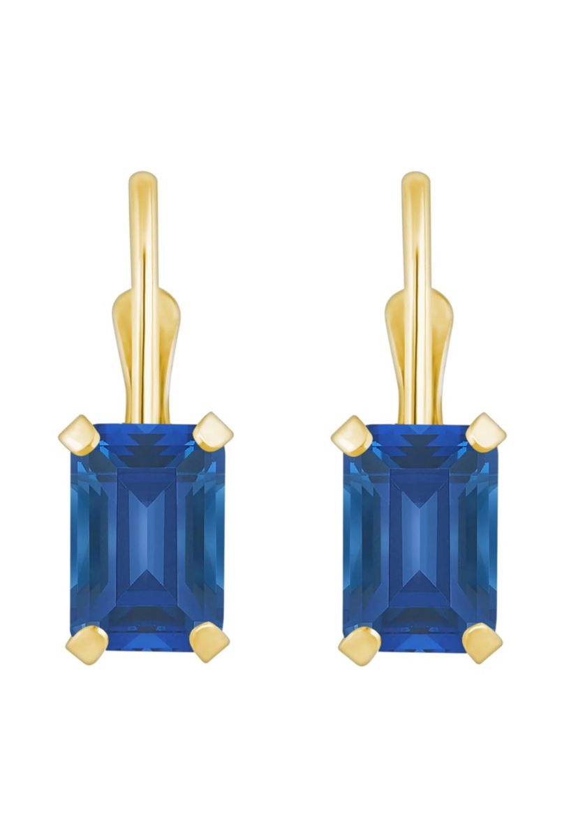 Lab Created 10K Yellow Gold 6x4mm Emerald Cut Created Sapphire Leverback Earrings
