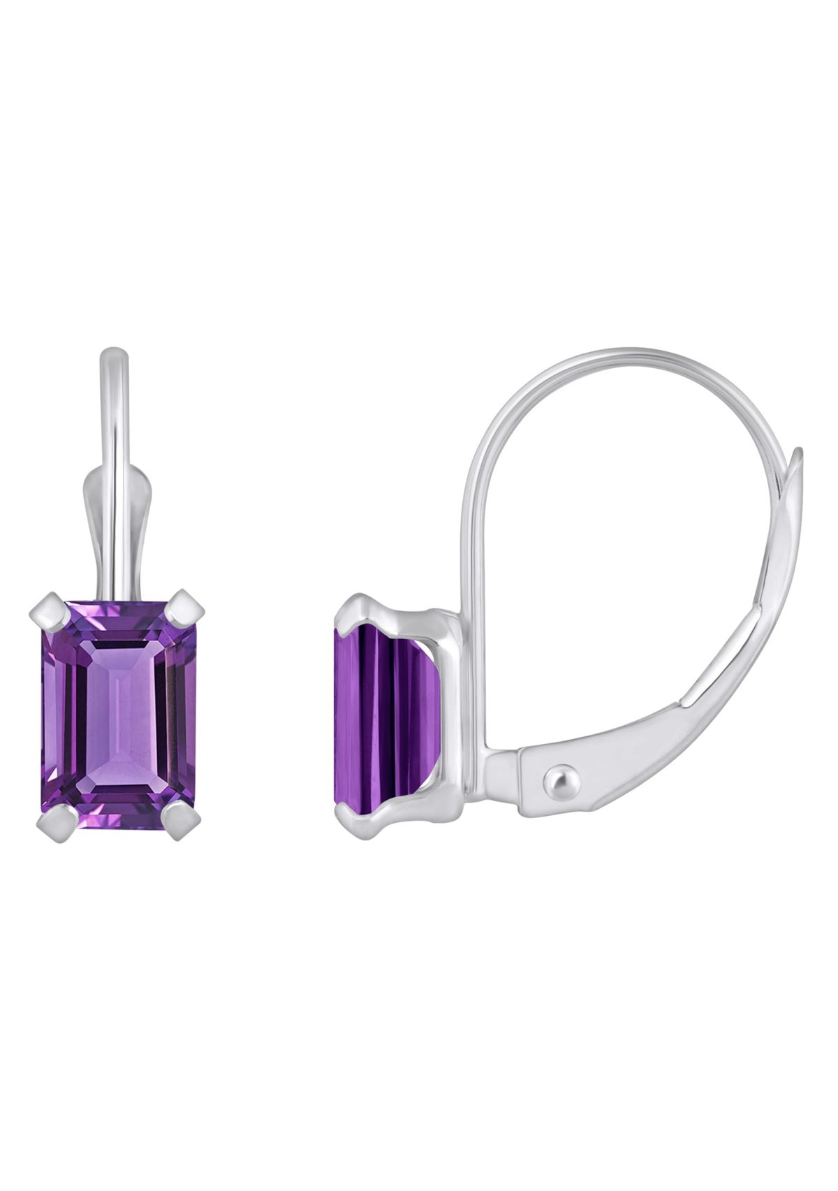 10K White Gold 6x4mm Emerald Cut Amethyst Leverback Earrings