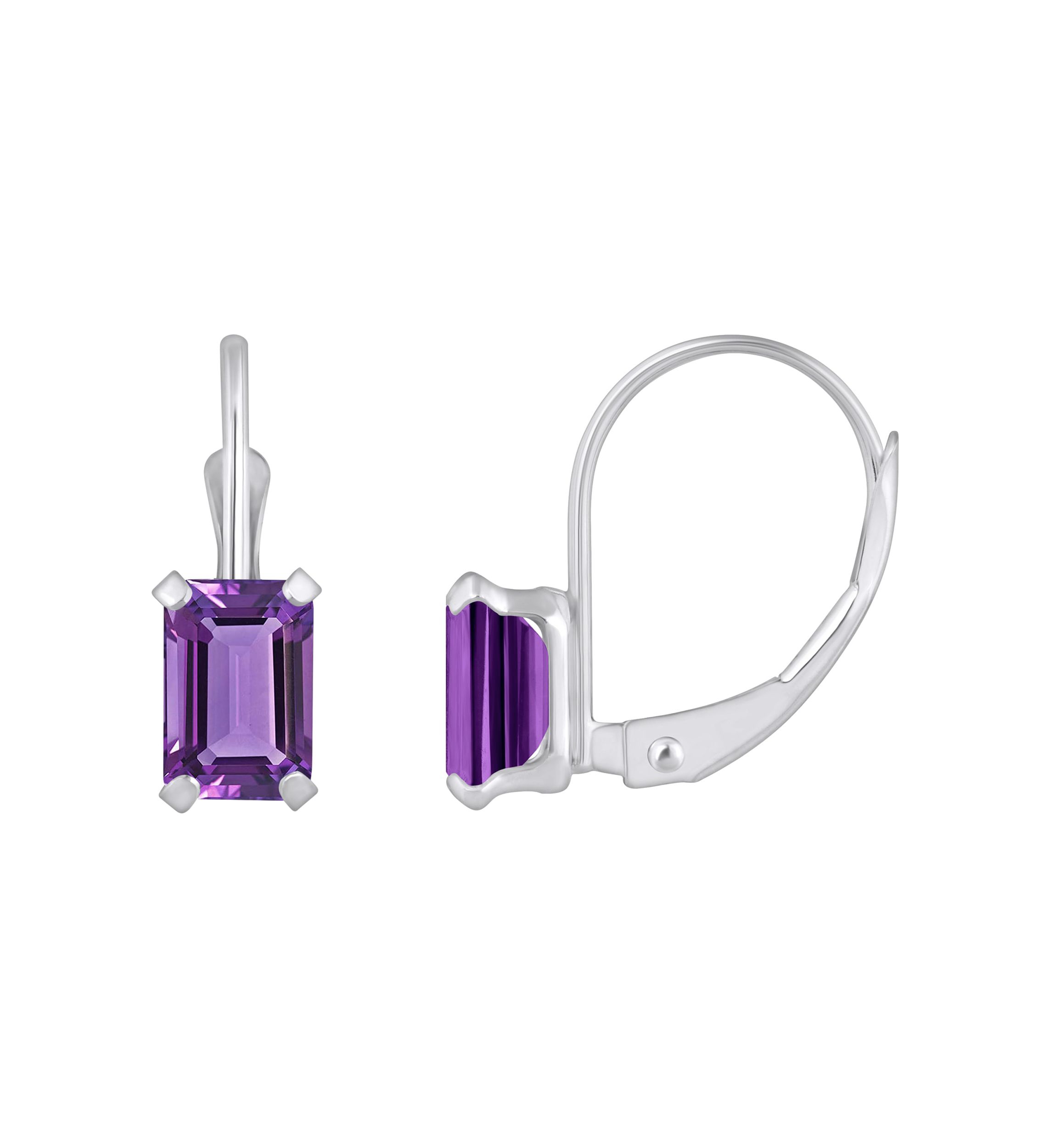 10K White Gold 6x4mm Emerald Cut Amethyst Leverback Earrings