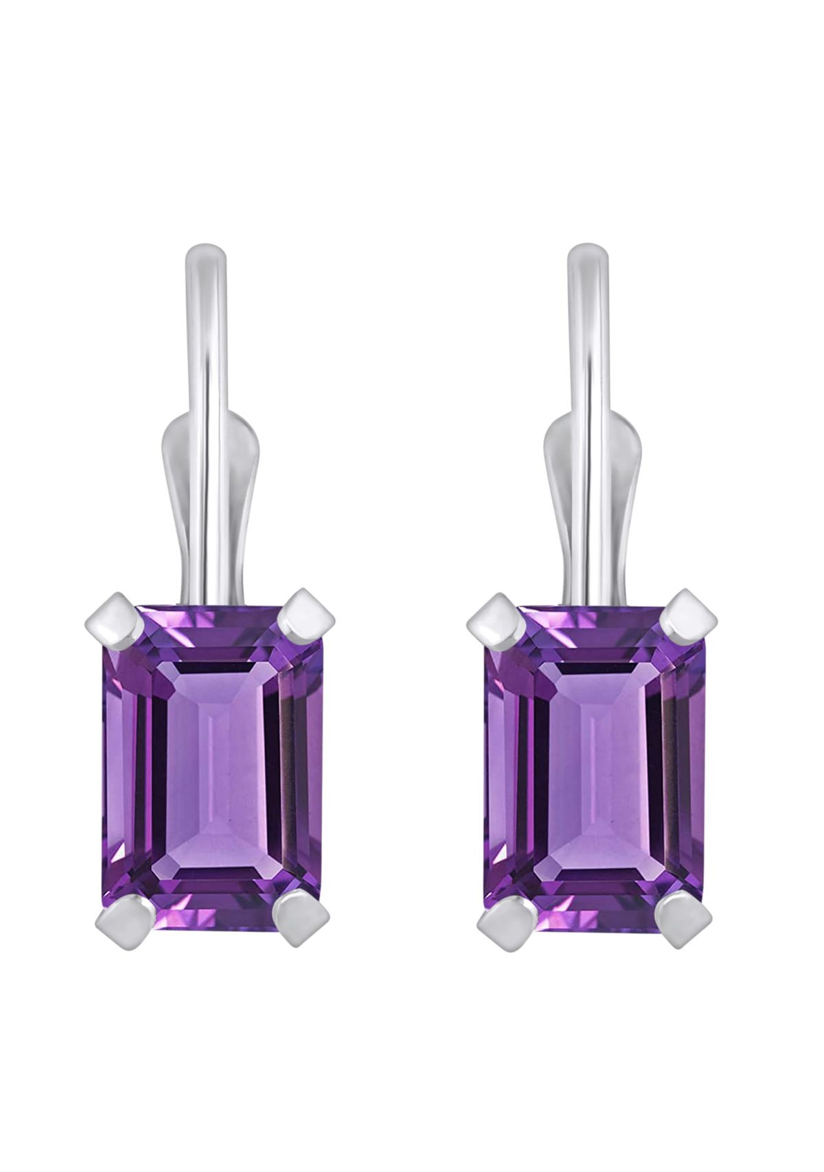10K White Gold 6x4mm Emerald Cut Amethyst Leverback Earrings
