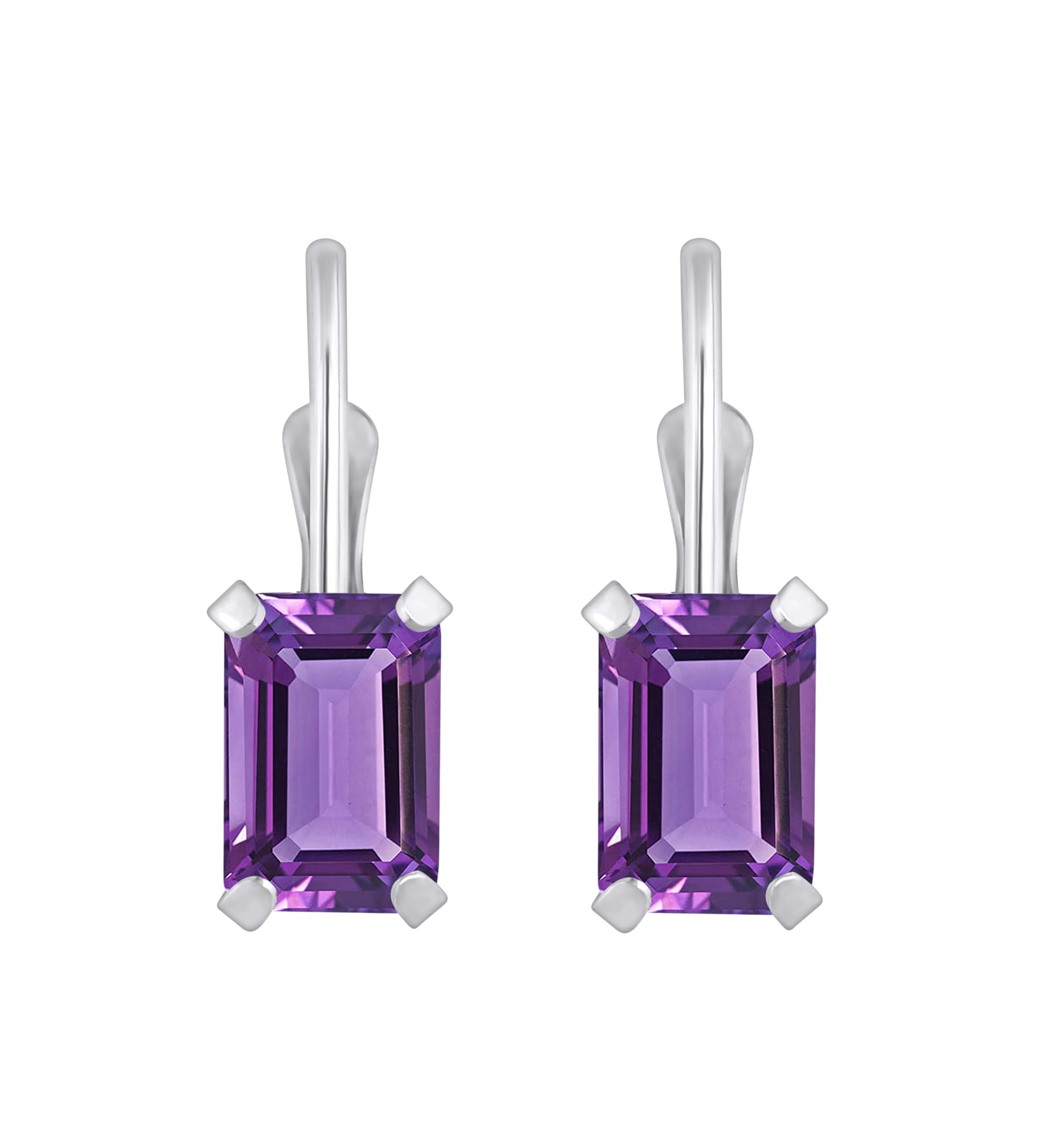 10K White Gold 6x4mm Emerald Cut Amethyst Leverback Earrings