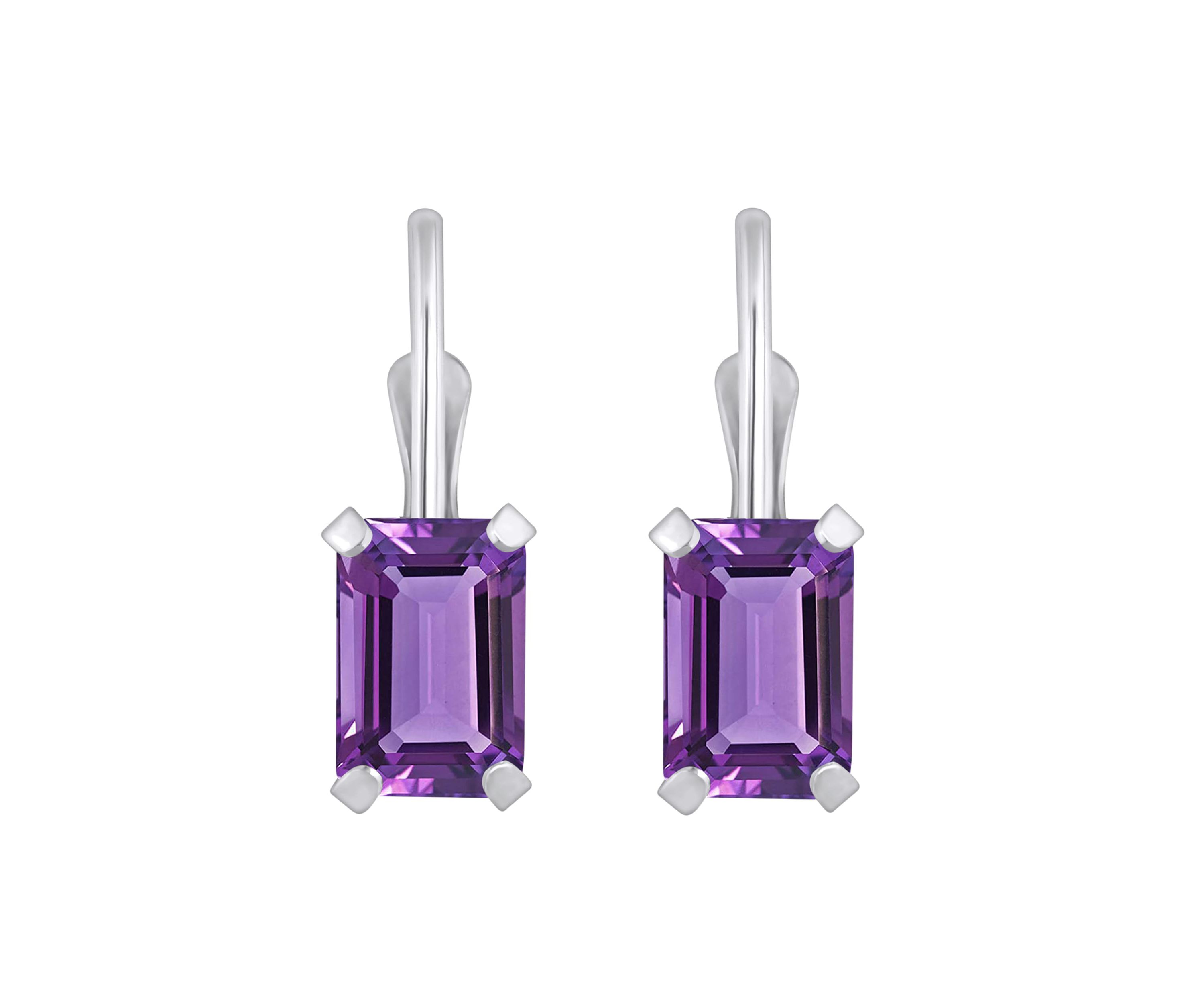 10K White Gold 6x4mm Emerald Cut Amethyst Leverback Earrings