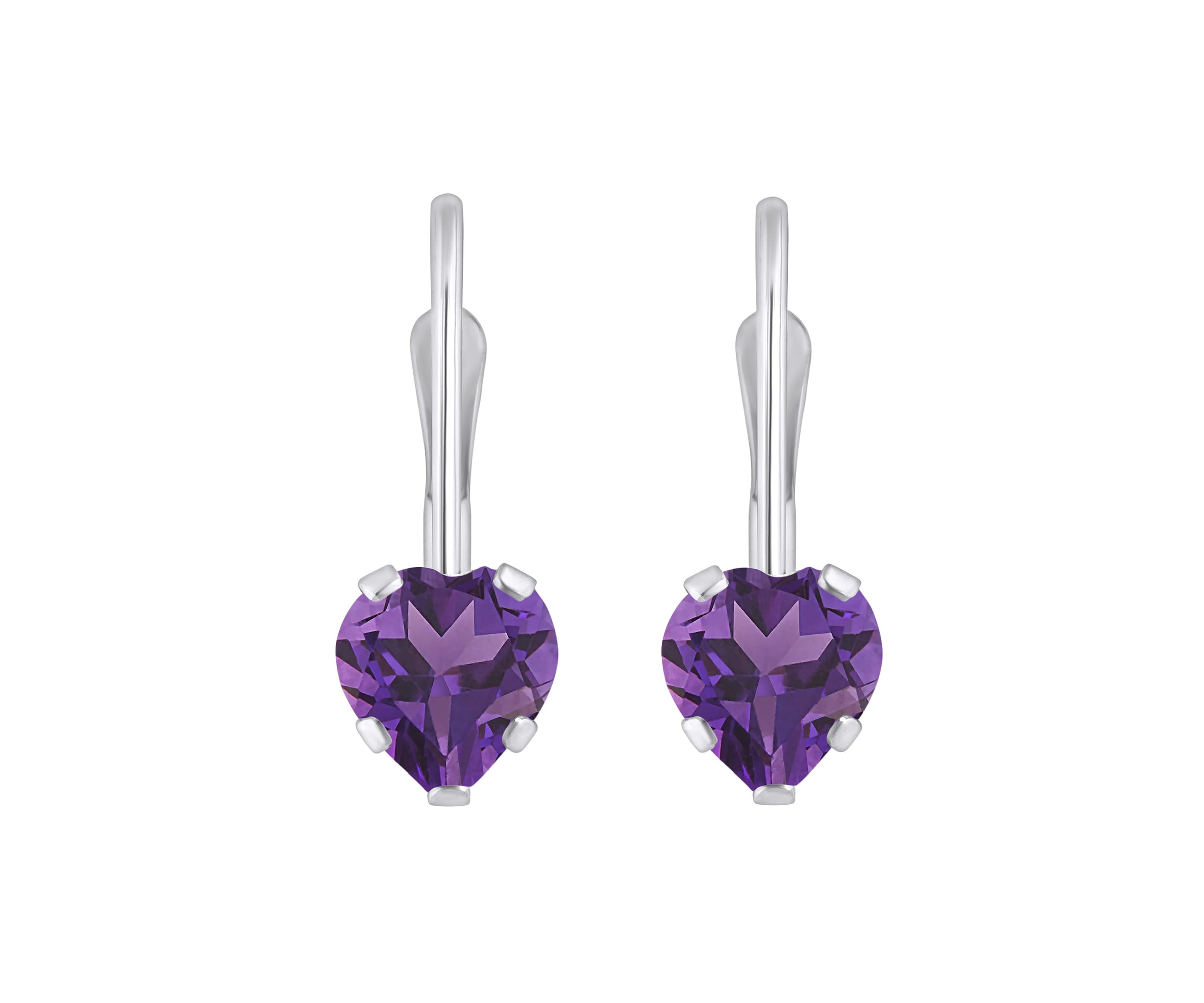 10K White Gold 5mm Heart Shape Amethyst Leverback Earrings