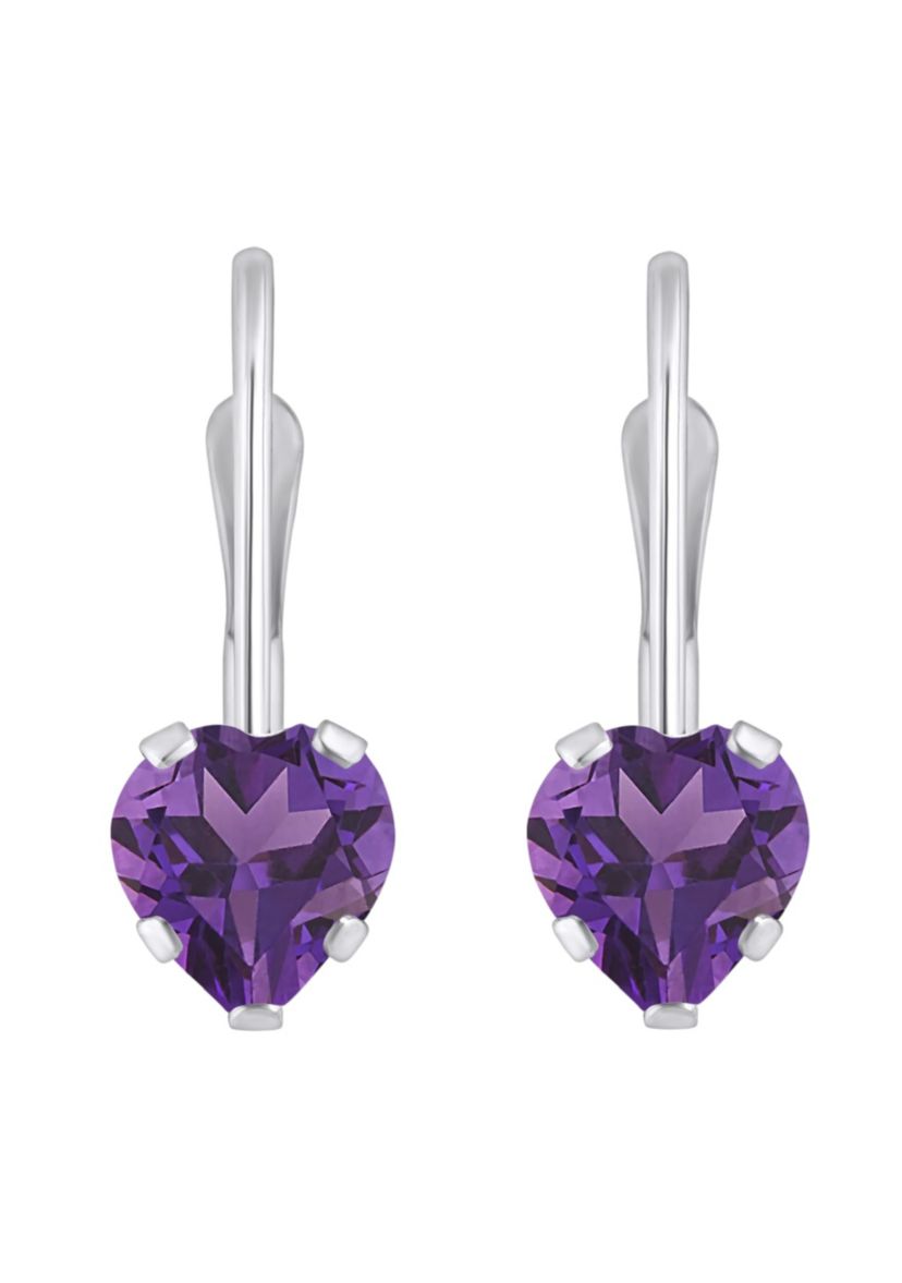 10K White Gold 5mm Heart Shape Amethyst Leverback Earrings