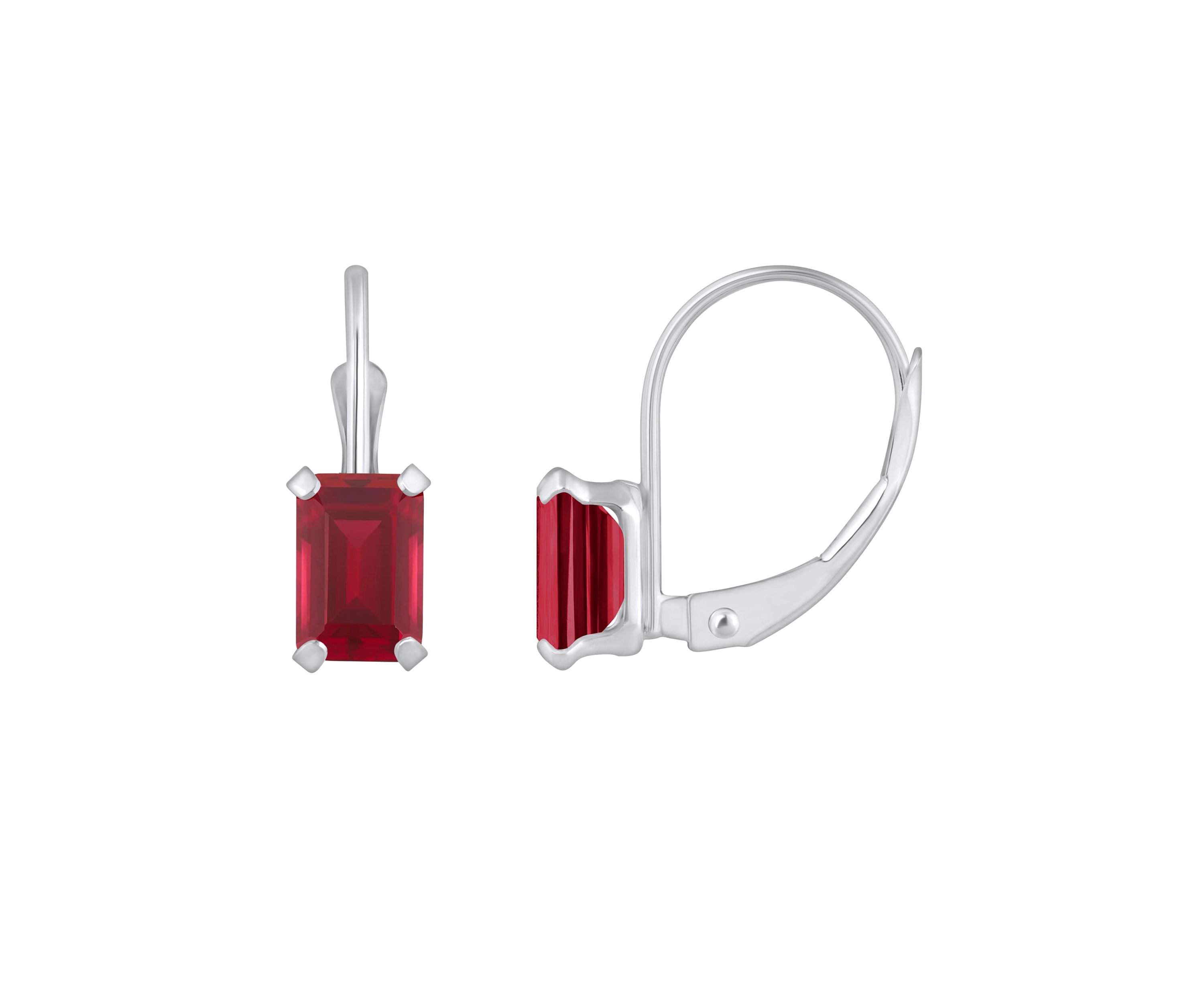 Lab Created 10K Yellow Gold 6x4mm Emerald Cut Created Ruby Leverback Earrings