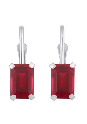 Lab Created 10K White Gold 6x4mm Emerald Cut Ruby Leverback Earrings