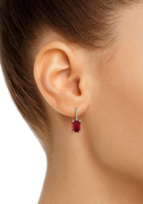 Lab Created 10K White Gold 6x4mm Emerald Cut Ruby Leverback Earrings