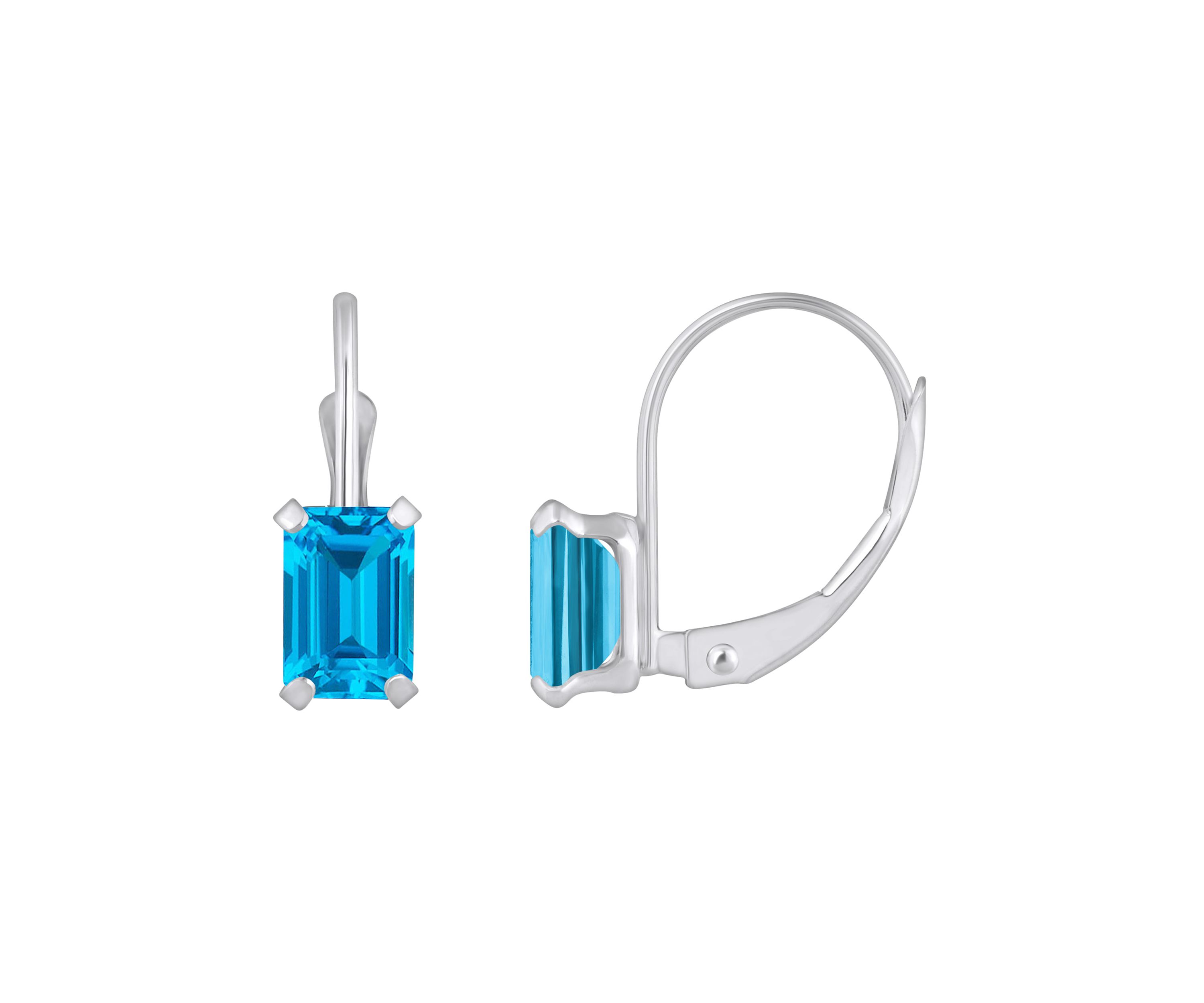 10K Yellow Gold 6x4mm Emerald Cut Blue Topaz Leverback Earrings