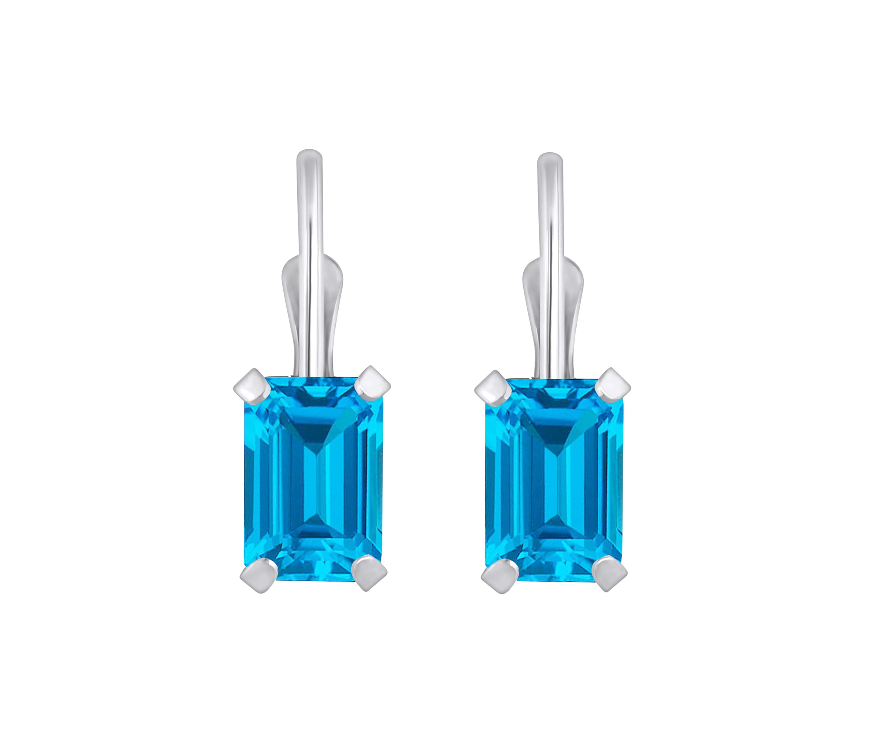 10K Yellow Gold 6x4mm Emerald Cut Blue Topaz Leverback Earrings