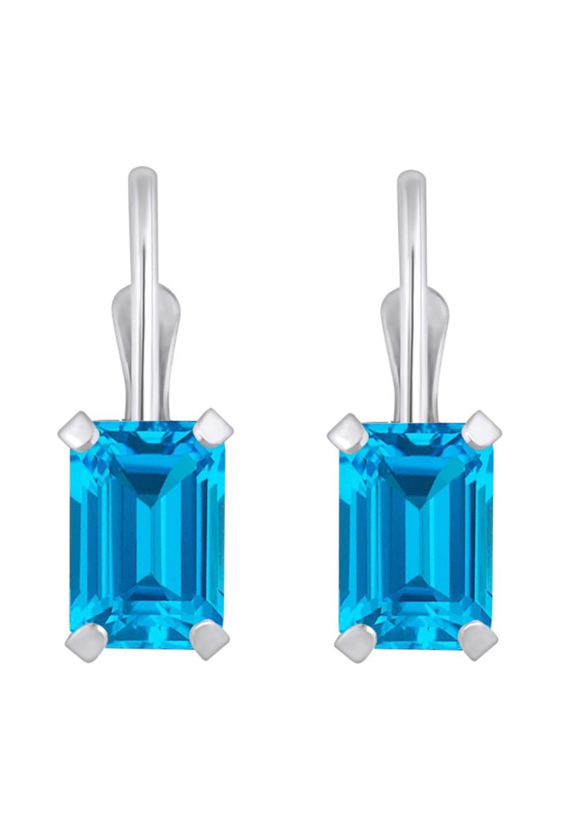 10K Yellow Gold 6x4mm Emerald Cut Blue Topaz Leverback Earrings