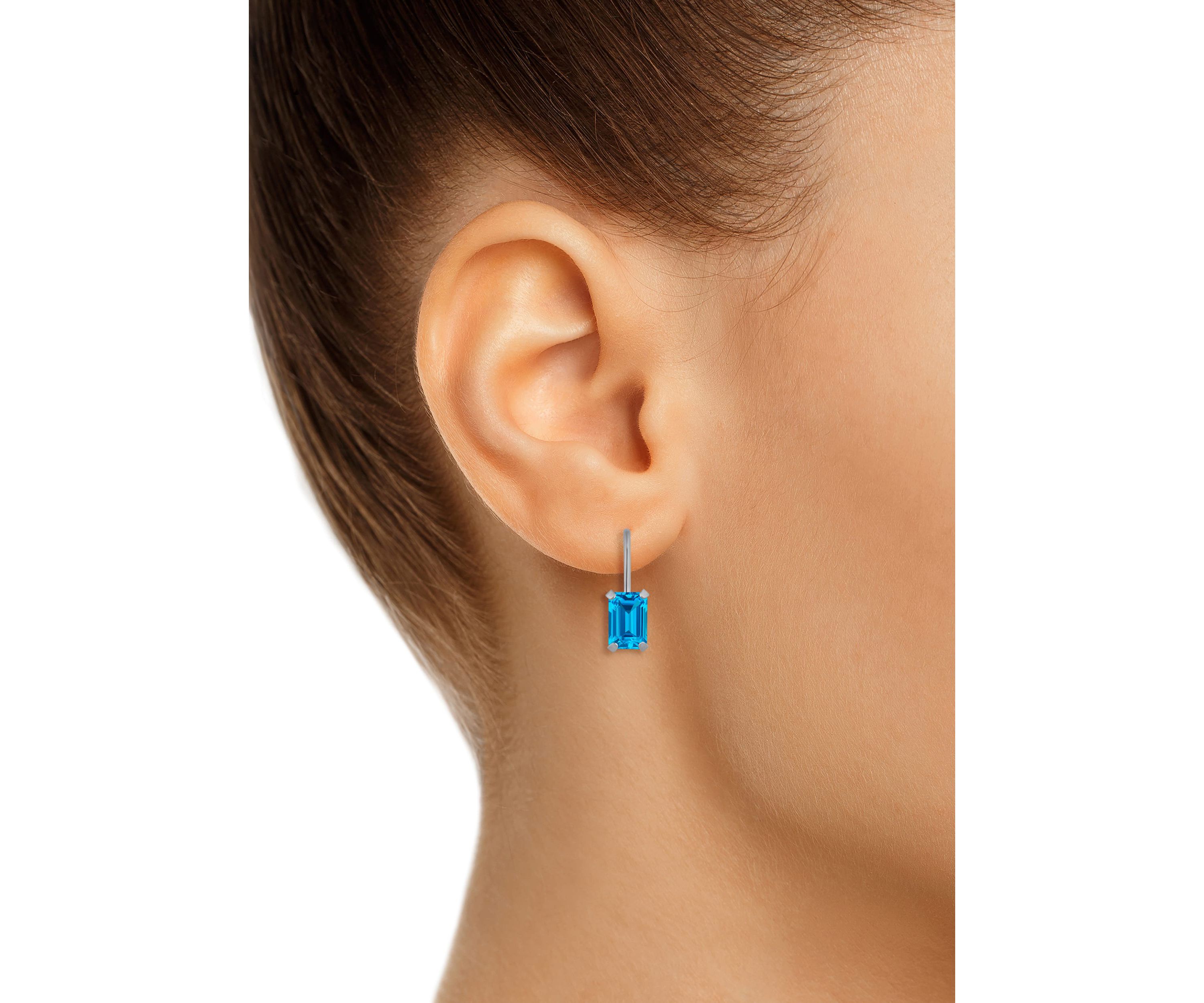 10K Yellow Gold 6x4mm Emerald Cut Blue Topaz Leverback Earrings
