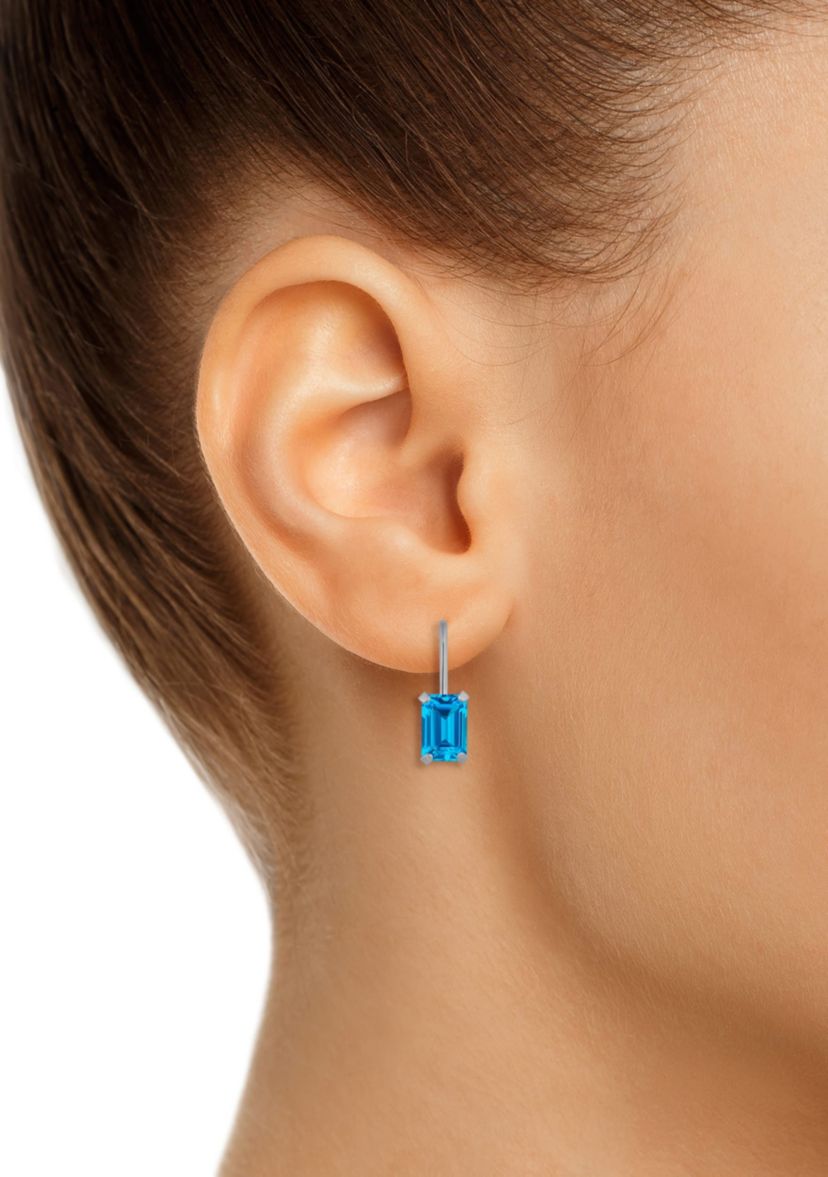 10K Yellow Gold 6x4mm Emerald Cut Blue Topaz Leverback Earrings
