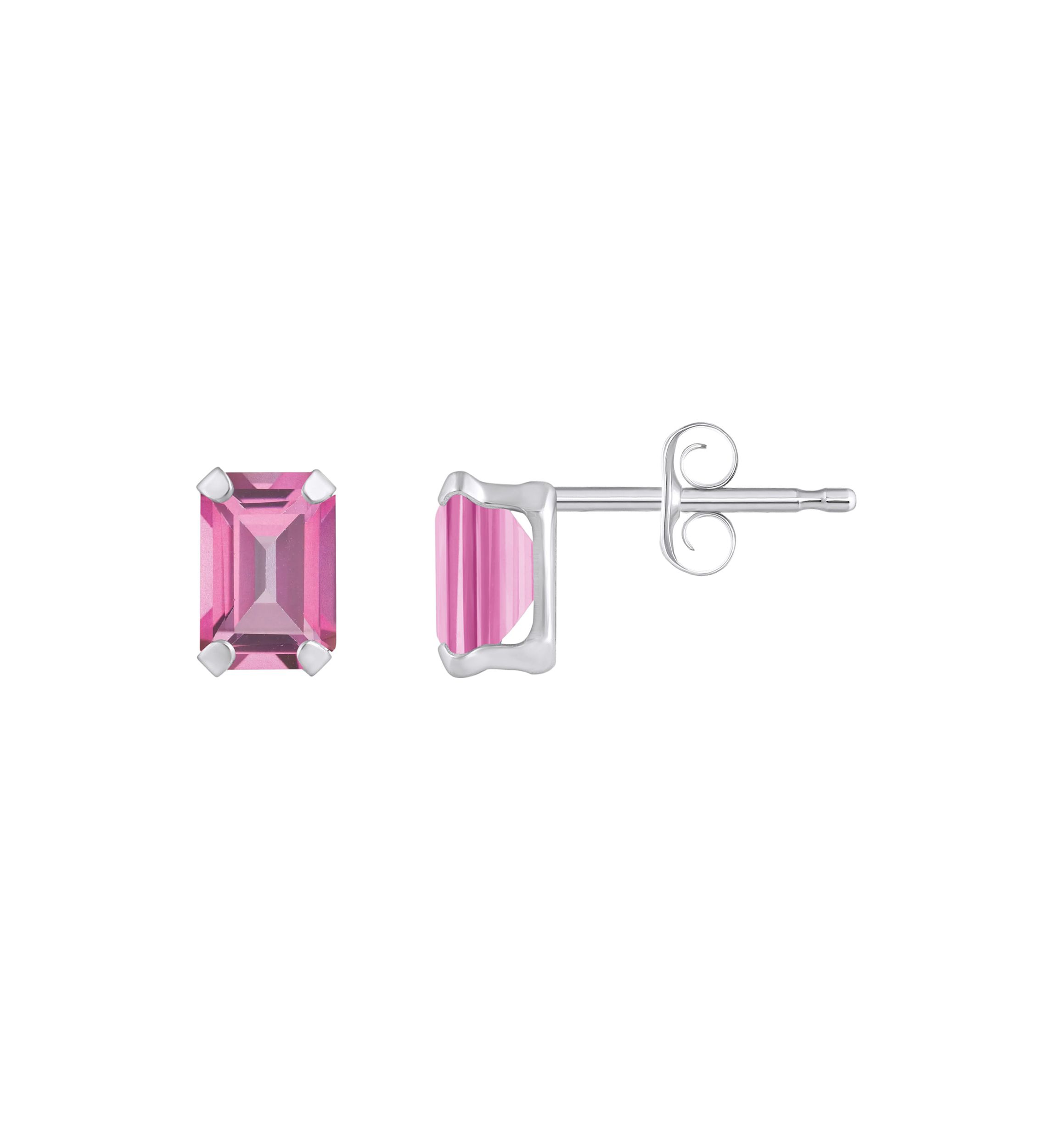 10K White Gold 6x4mm Emerald Cut Pink Topaz Stud Earrings