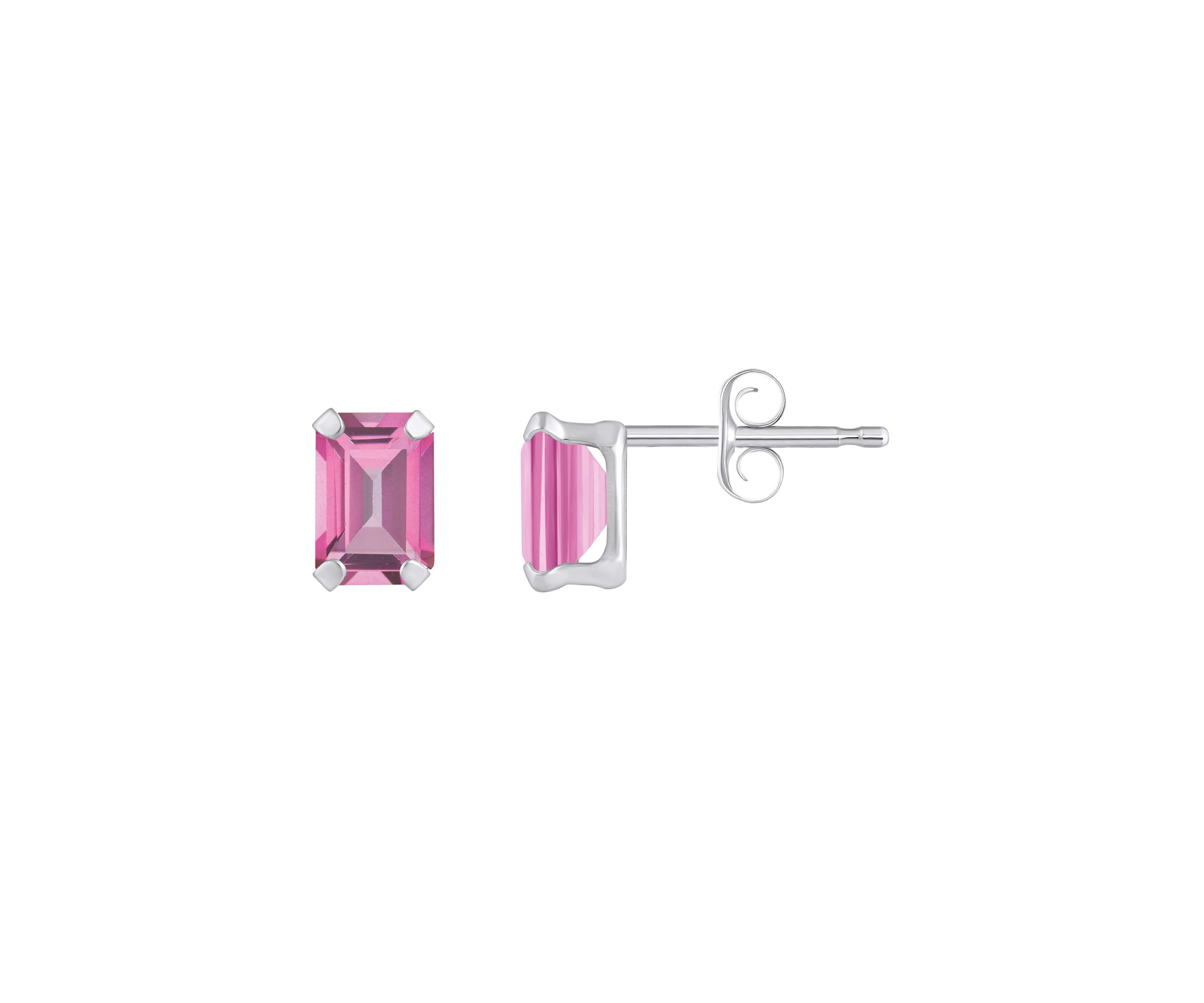 10K White Gold 6x4mm Emerald Cut Pink Topaz Stud Earrings