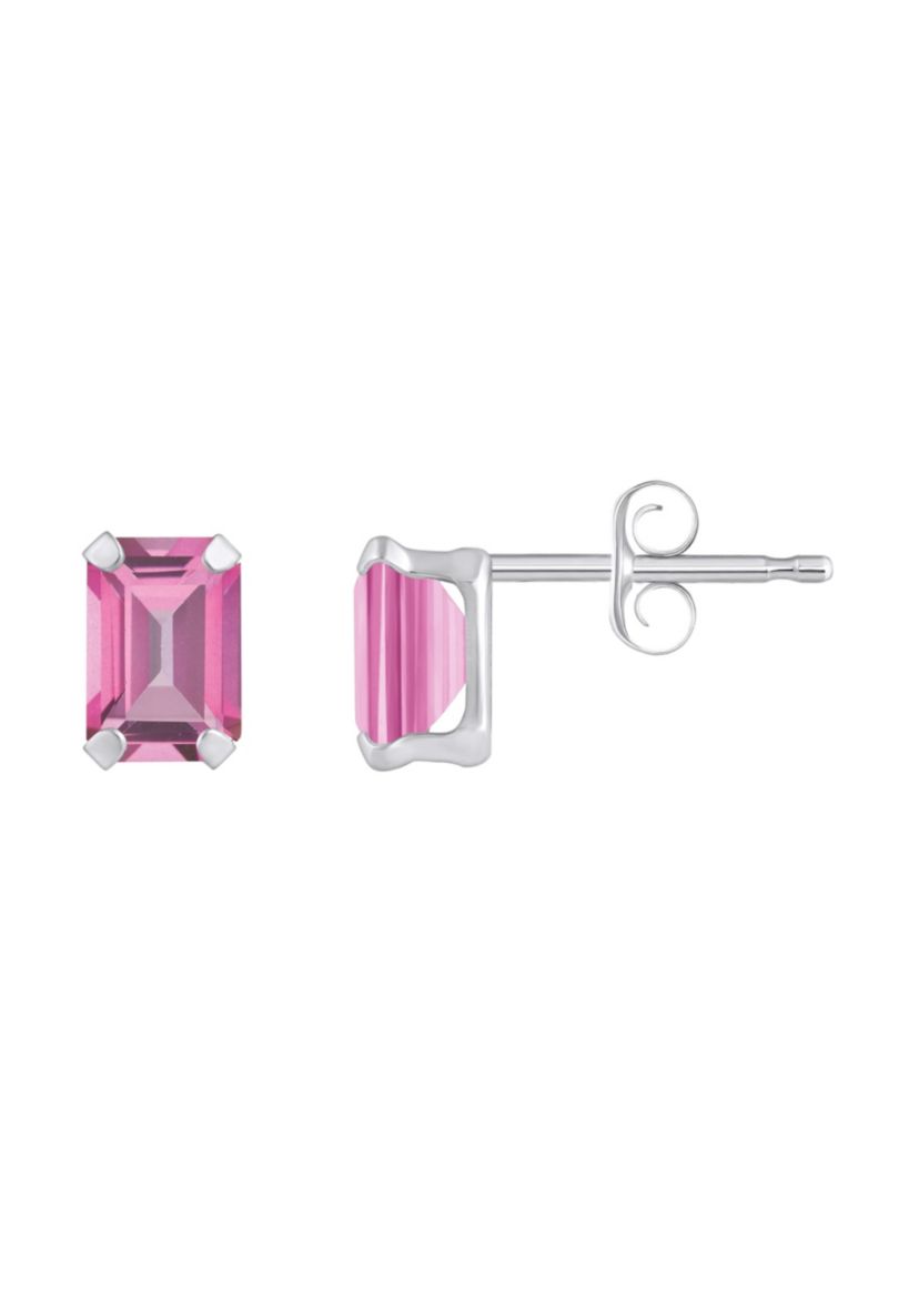 10K White Gold 6x4mm Emerald Cut Pink Topaz Stud Earrings