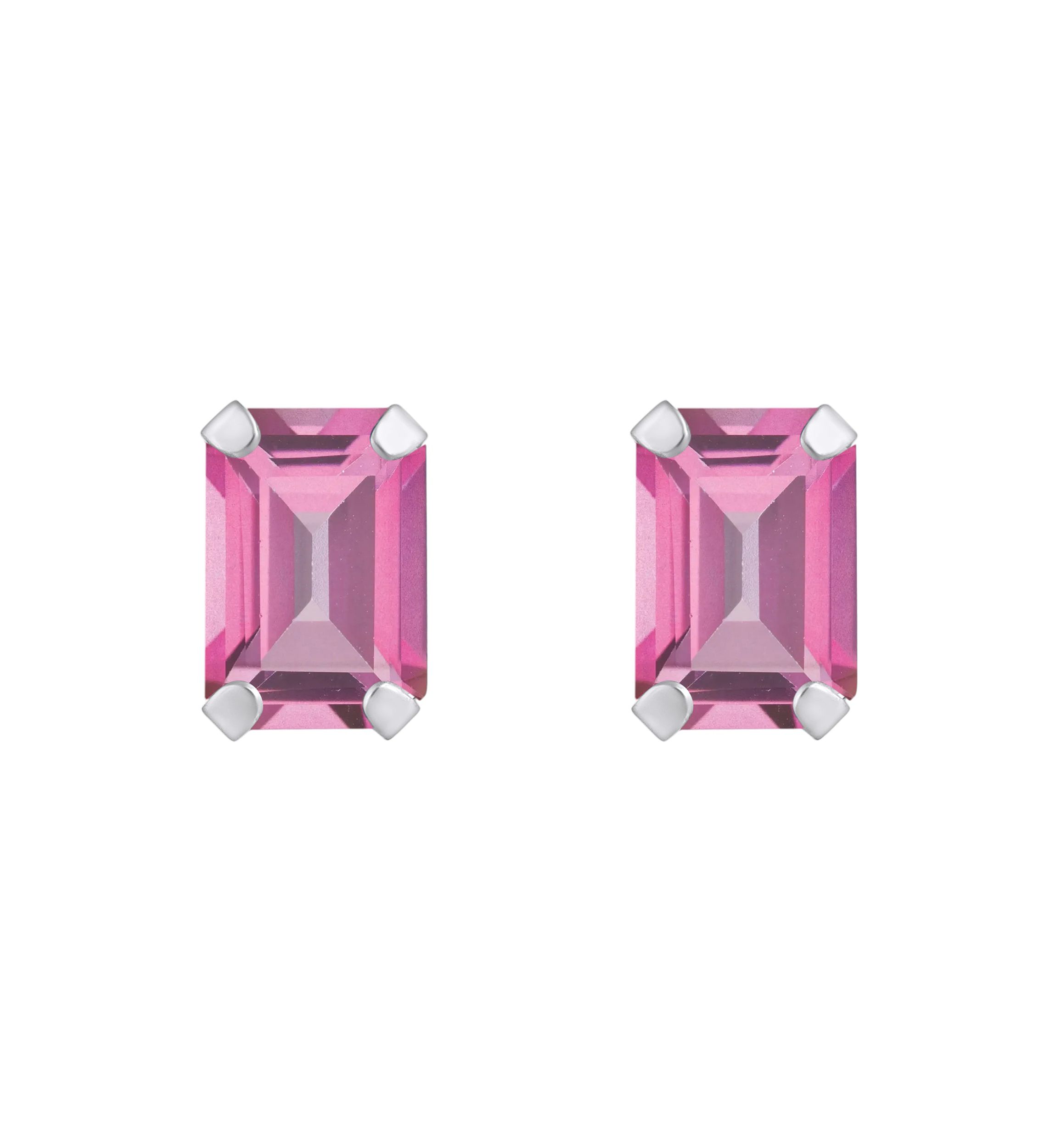 10K White Gold 6x4mm Emerald Cut Pink Topaz Stud Earrings