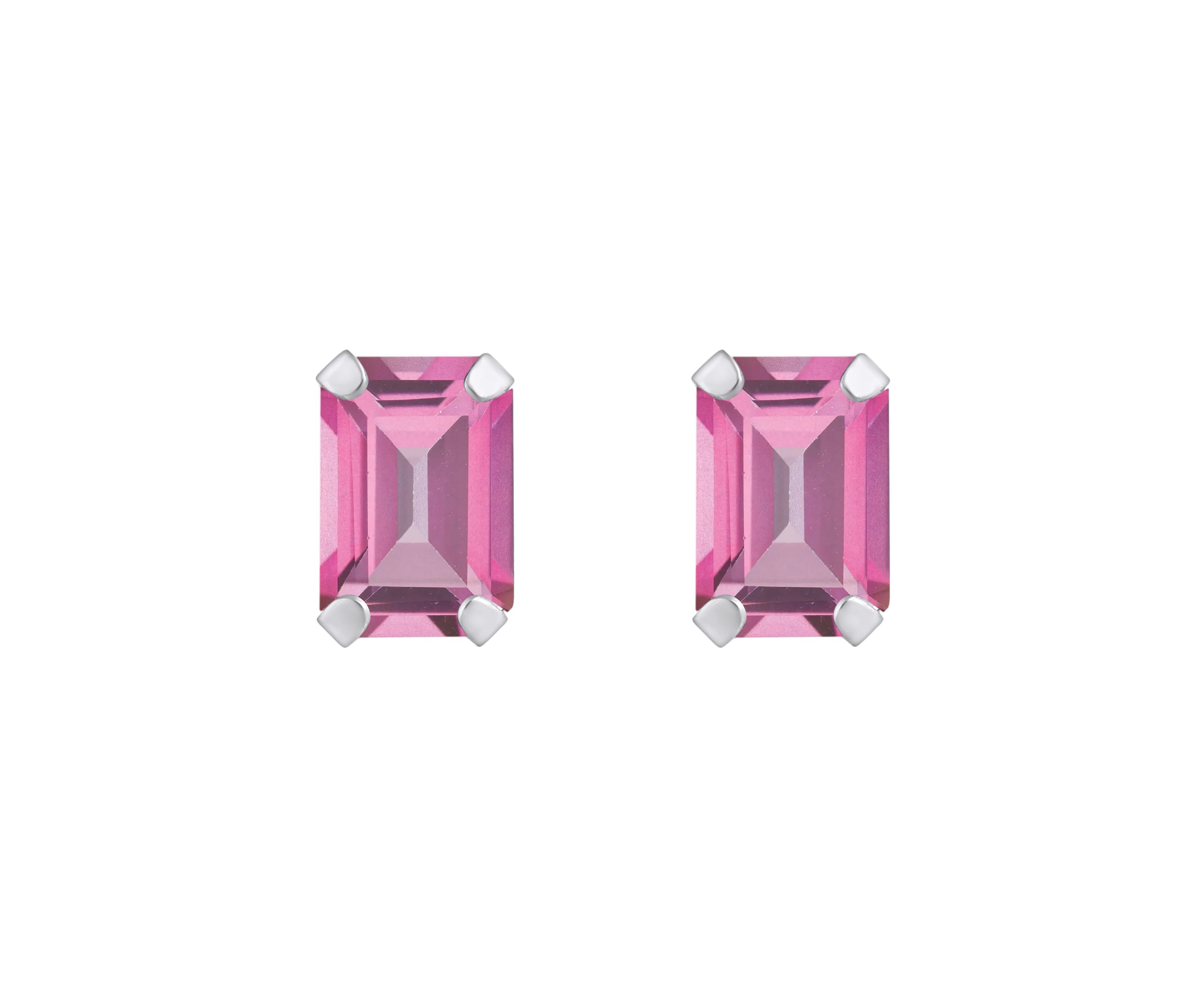 10K White Gold 6x4mm Emerald Cut Pink Topaz Stud Earrings