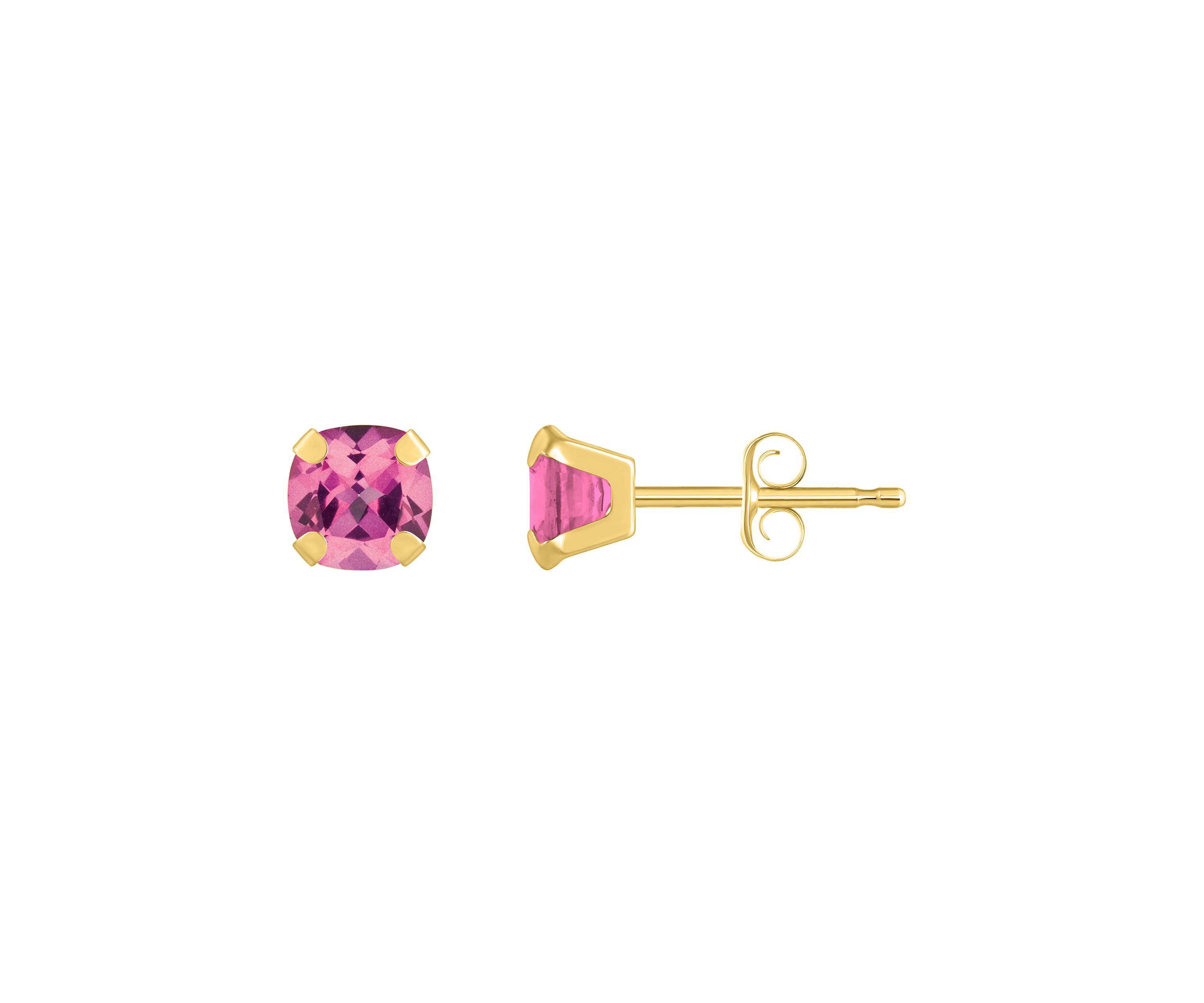 10K Yellow Gold 5mm Cushion Pink Topaz Stud Earrings