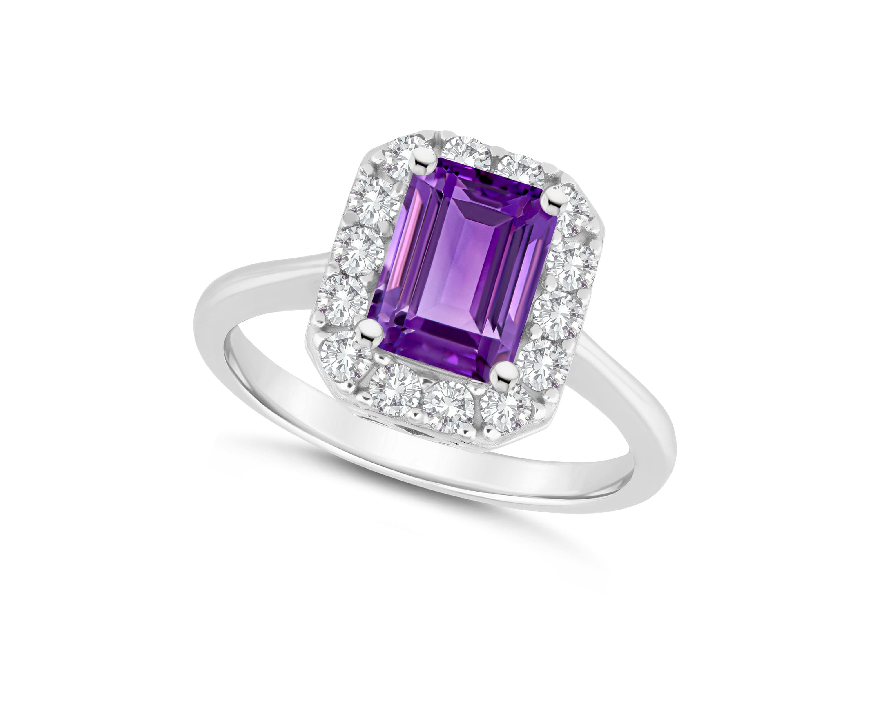 Sterling Silver 8x6mm Emerald Cut Amethyst And White Topaz Halo Ring