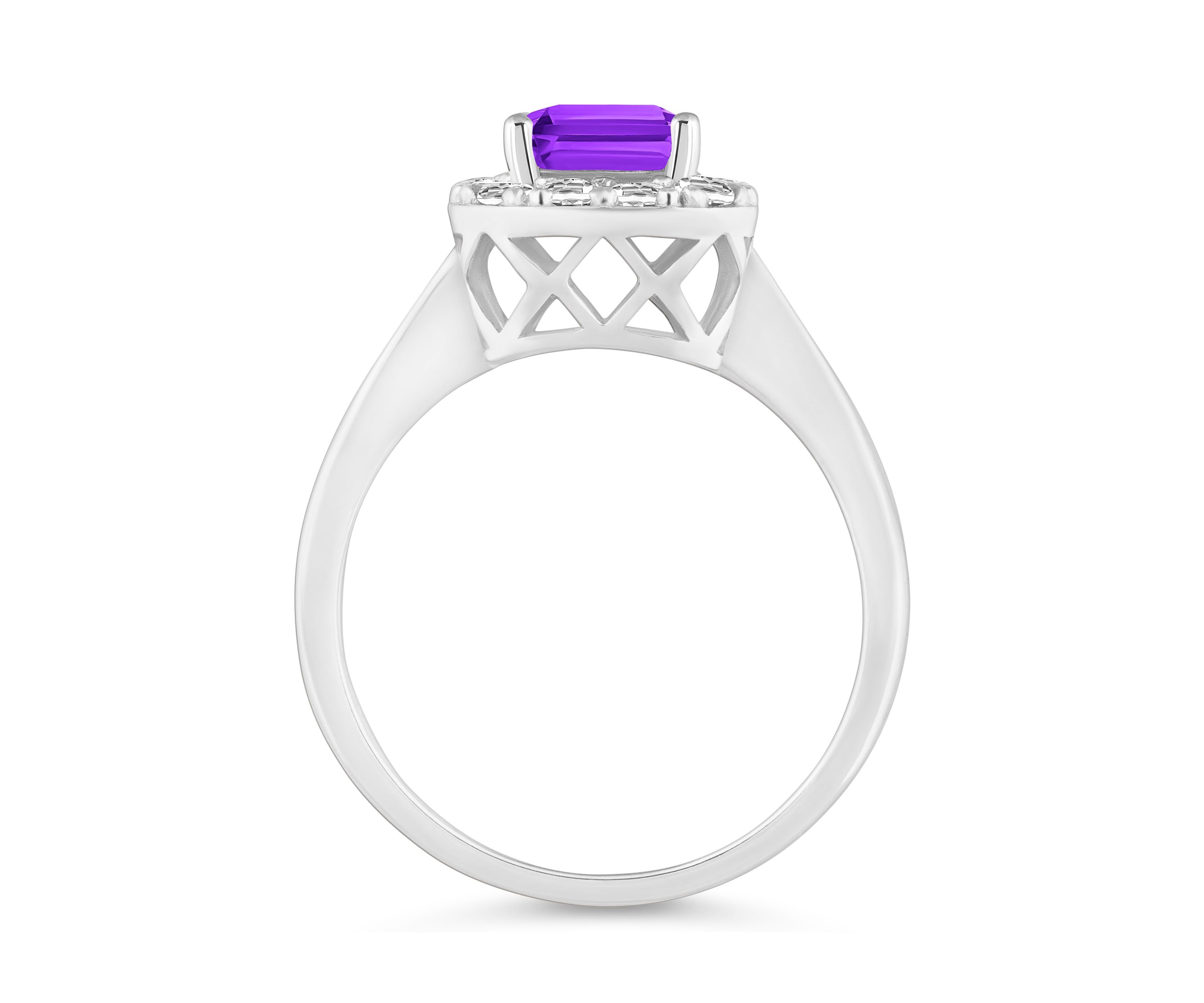 Sterling Silver 8x6mm Emerald Cut Amethyst And White Topaz Halo Ring