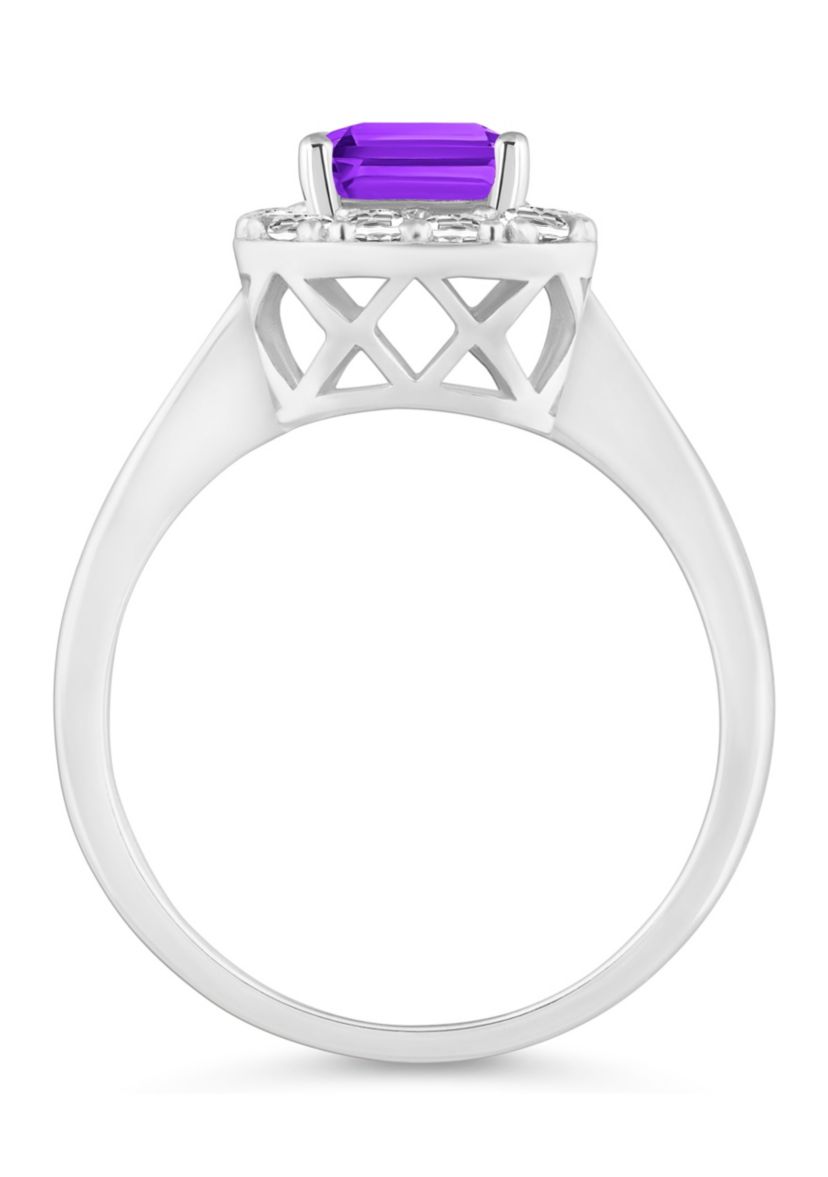 Sterling Silver 8x6mm Emerald Cut Amethyst And White Topaz Halo Ring