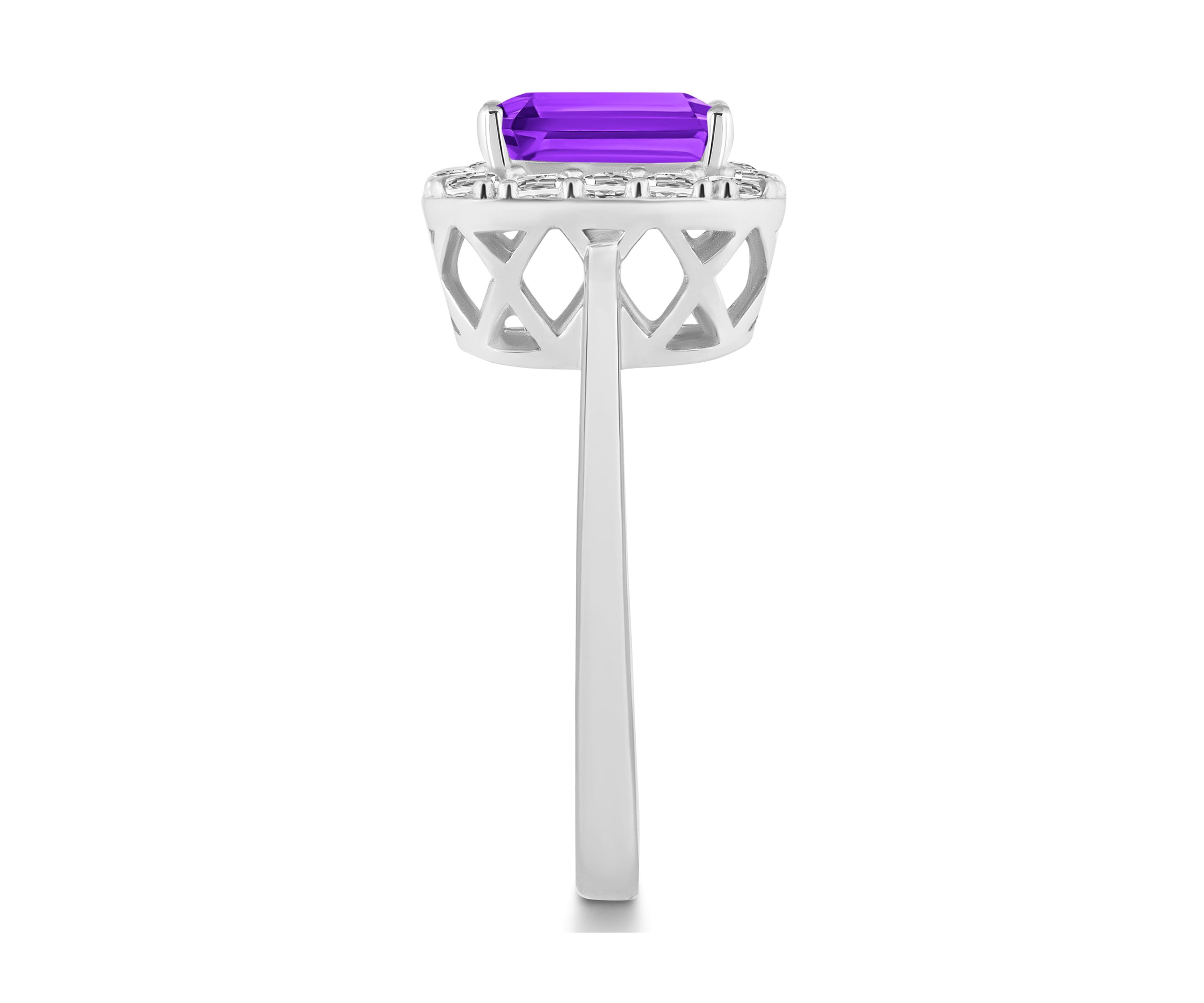 Sterling Silver 8x6mm Emerald Cut Amethyst And White Topaz Halo Ring